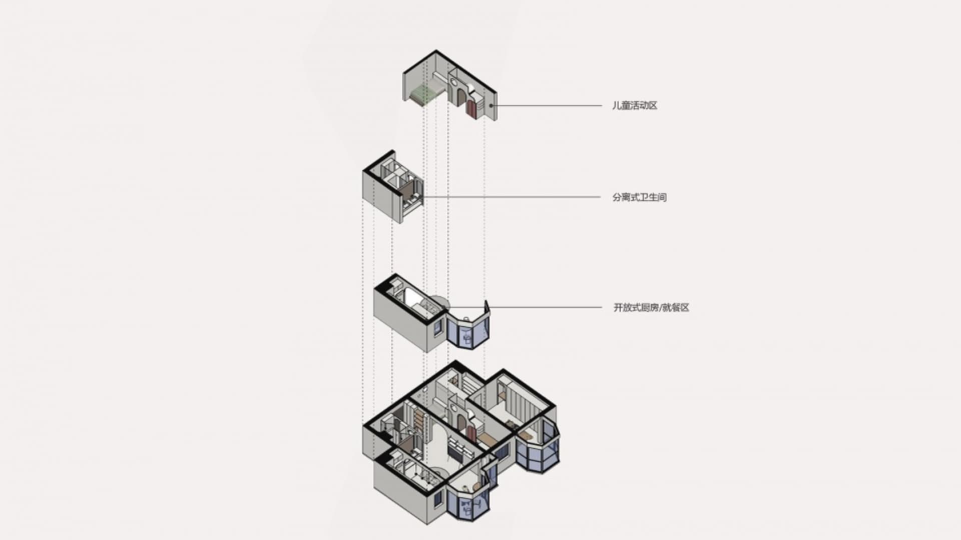 A 3D perspective of a modern residential floor plan highlighting the layout of the children's activity area, kitchen/breakfas