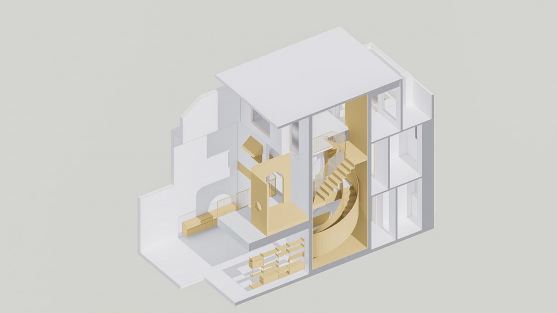 Isometric view of a modern residential interior floor plan showing multiple levels, open spaces, and a central staircase.
