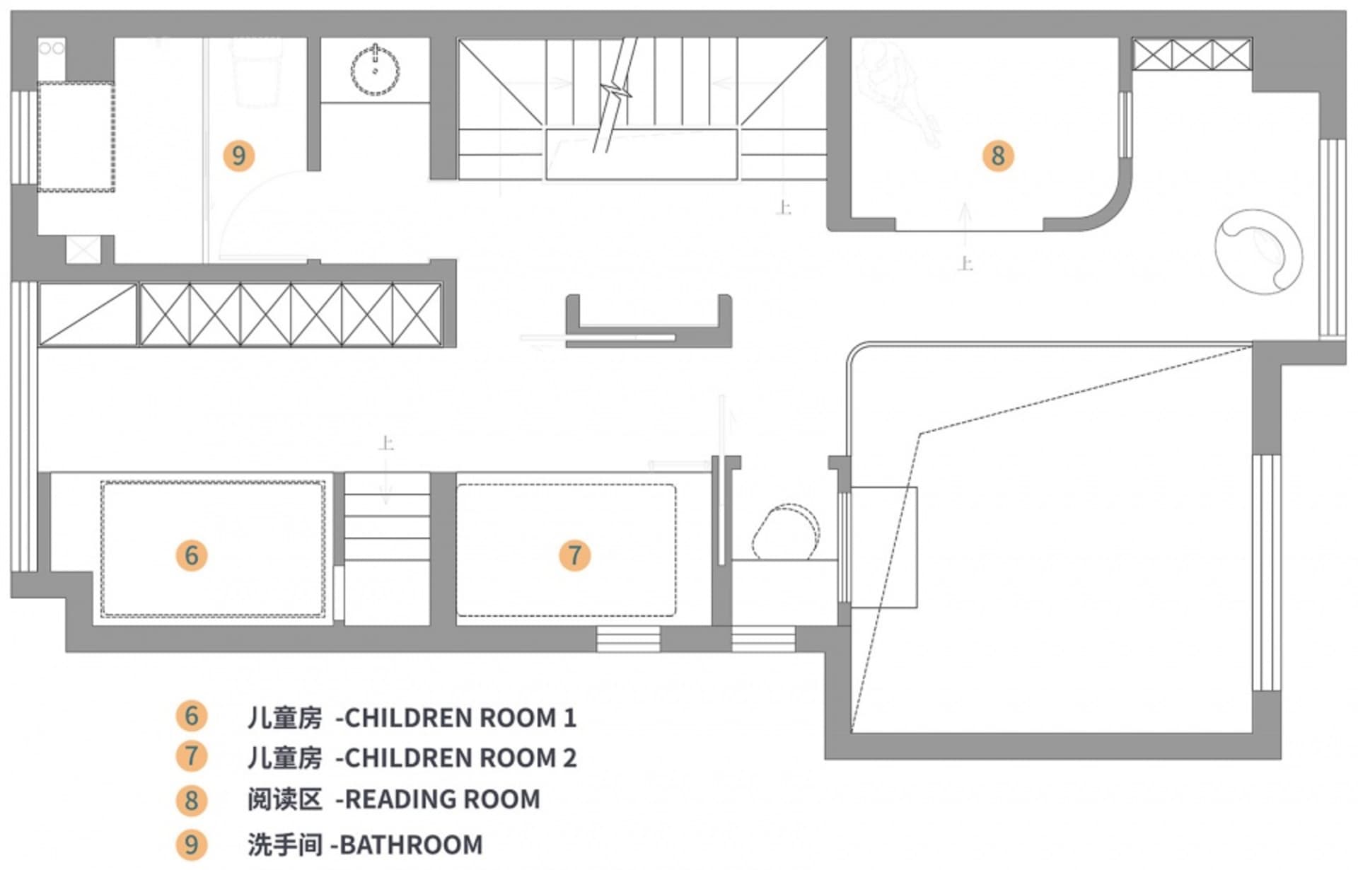 兒童房平面圖，包含收納、床鋪與遊戲區域的配置。