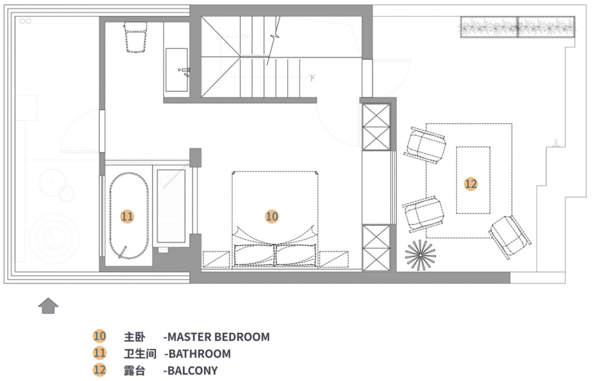 A floor plan of a residential space showing the layout of a master bedroom, bathroom, and balcony.