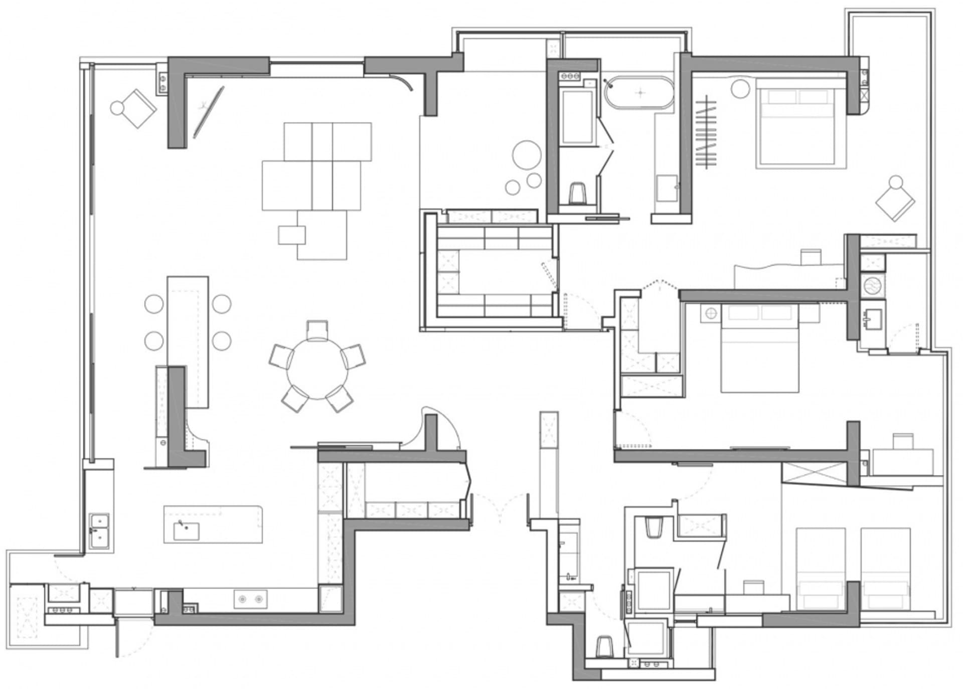 Floor plan of a modern minimalist apartment with open living space, two bedrooms, and a kitchen.