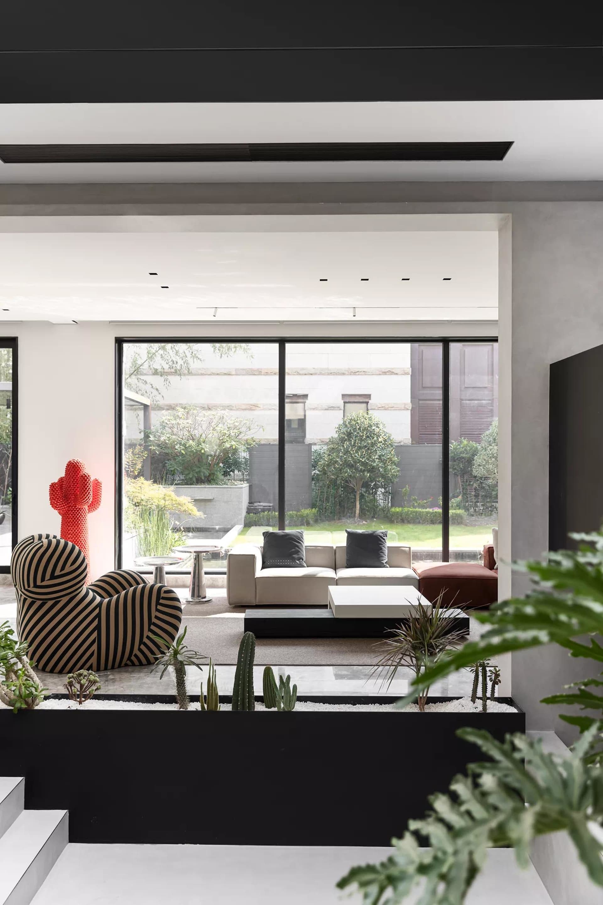 Modern living room interior with glass walls displaying cactus plants.