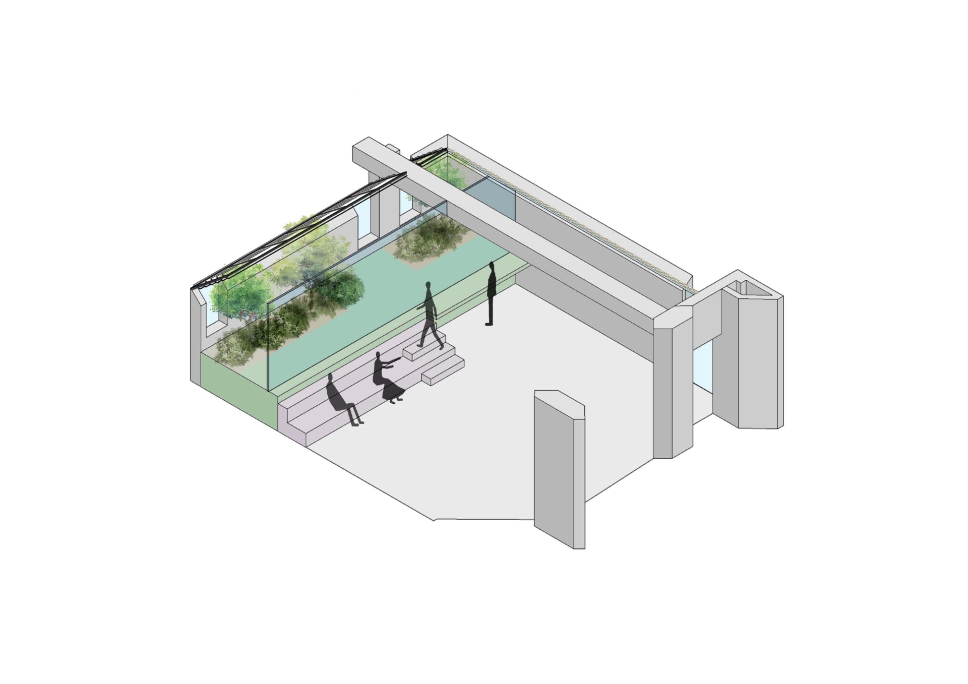 An outdoor space with modern architectural elements, including concrete walls and glass railings, designed as a garden.