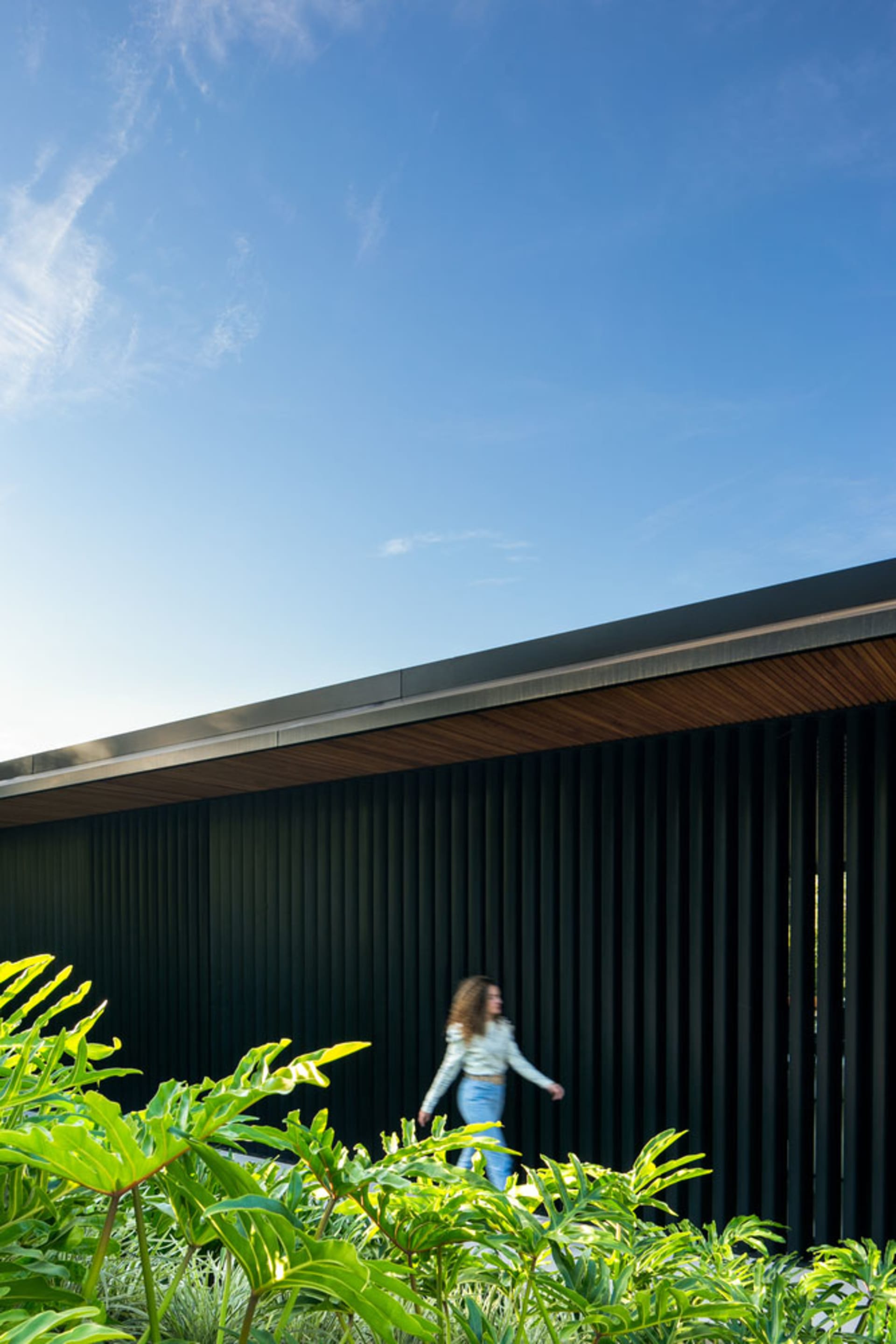 A woman walks beside a modern house with black vertical bars and green foliage in the foreground.
