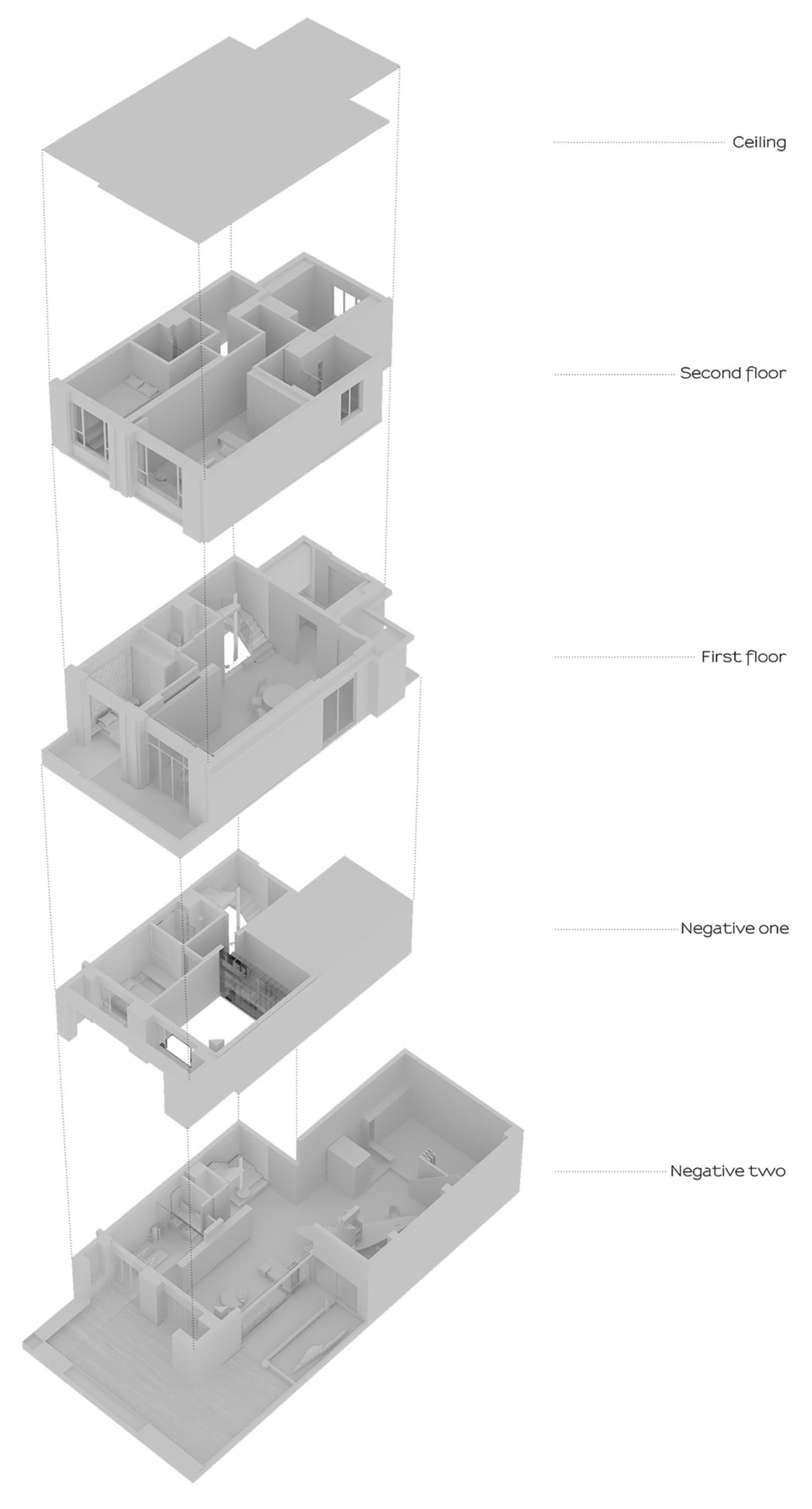 現代住宅平面圖的建築表現,強調混凝土元素。
