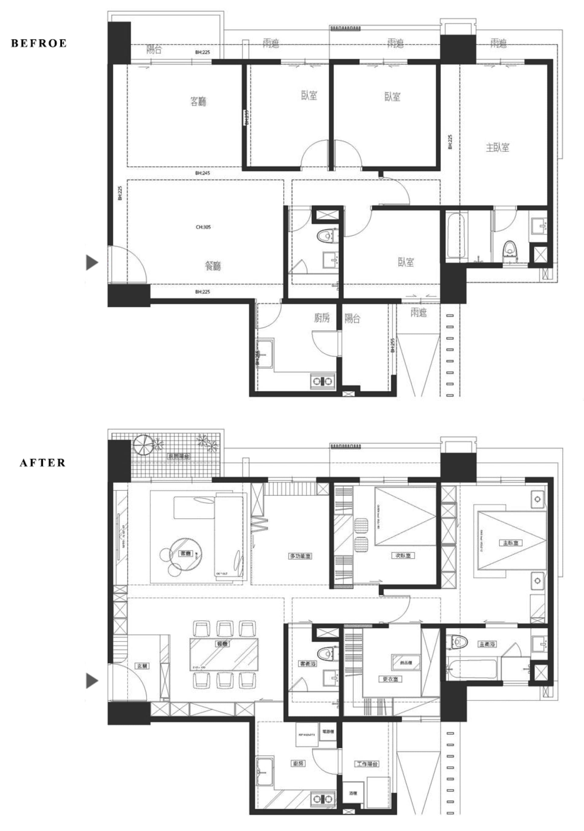 建築平面圖,展示住宅公寓改造前後的對比。