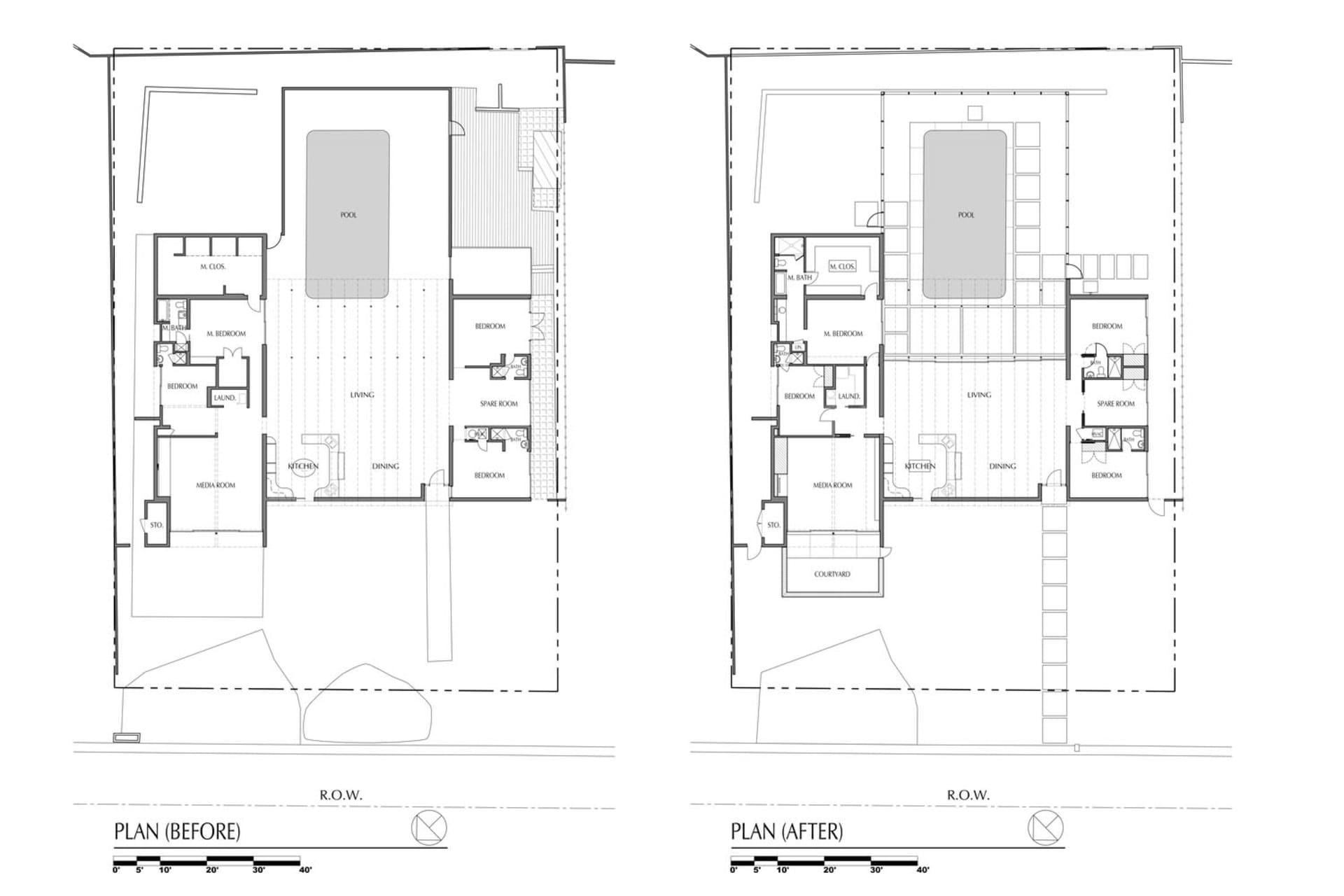 Floor plans of a residential interior design showing the layout of rooms and spaces.
