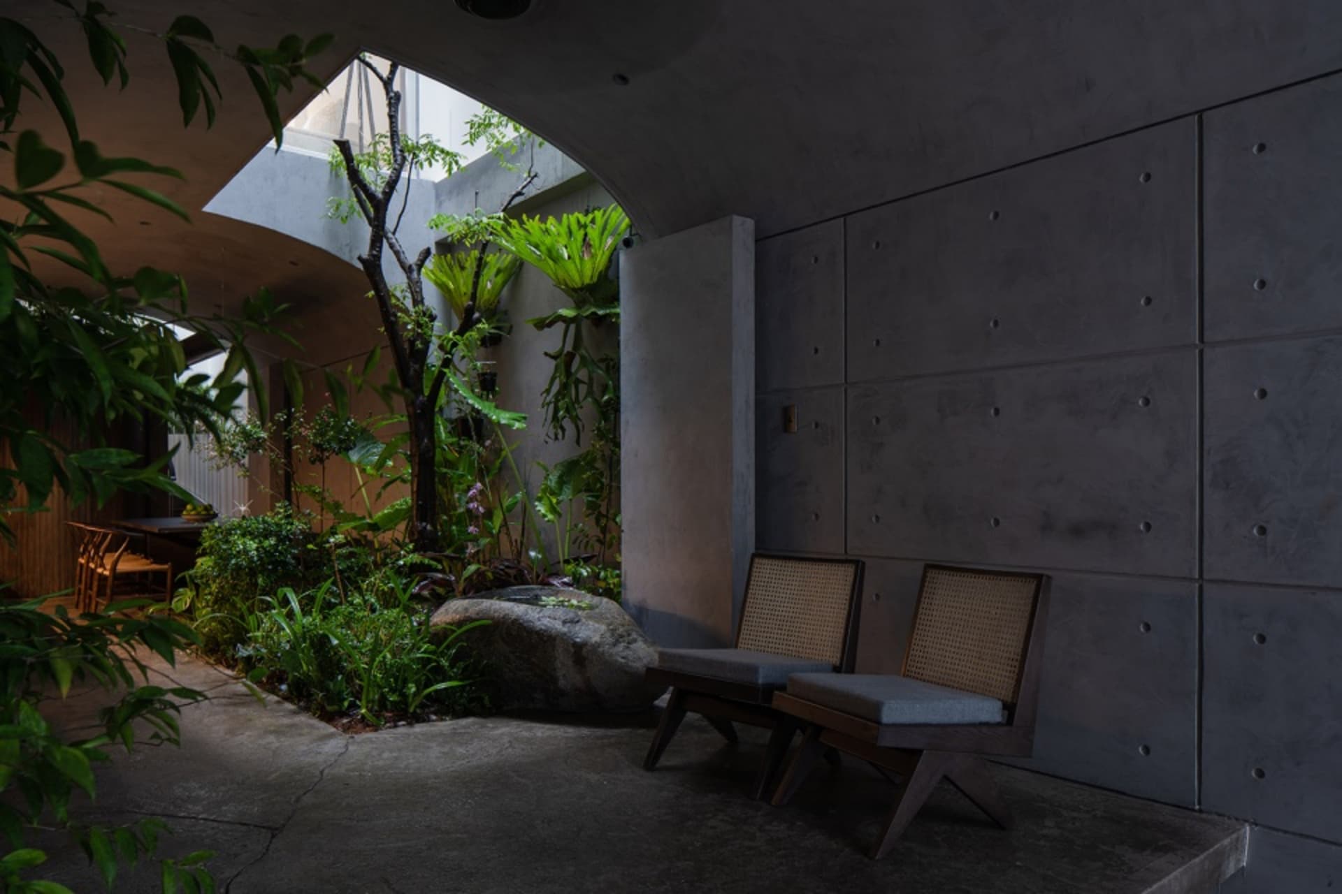 Modern industrial-style interior with concrete walls, wood furniture, and greenery.