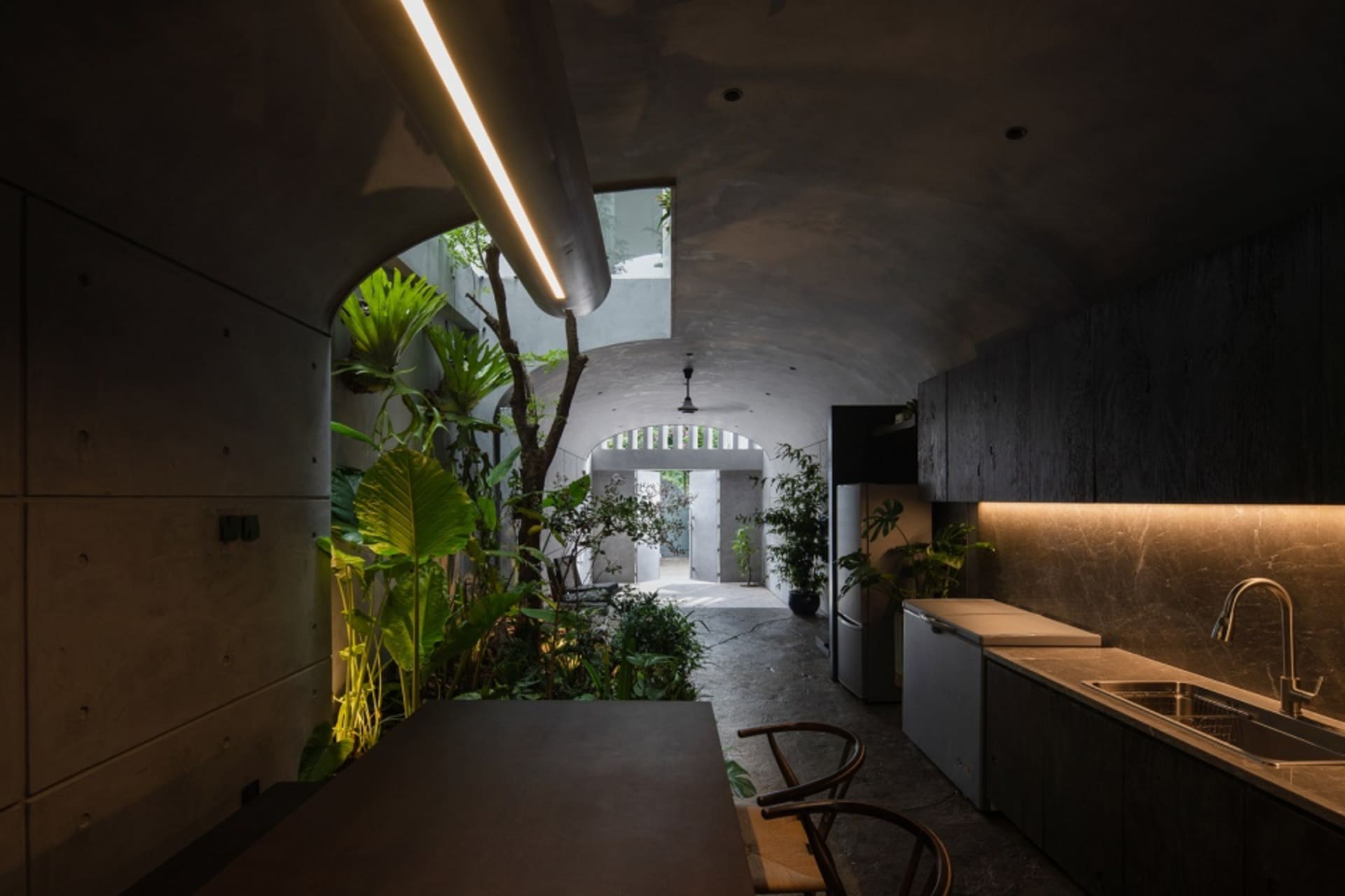 Industrial minimalist kitchen with concrete walls, dark cabinets, and open space with plants.