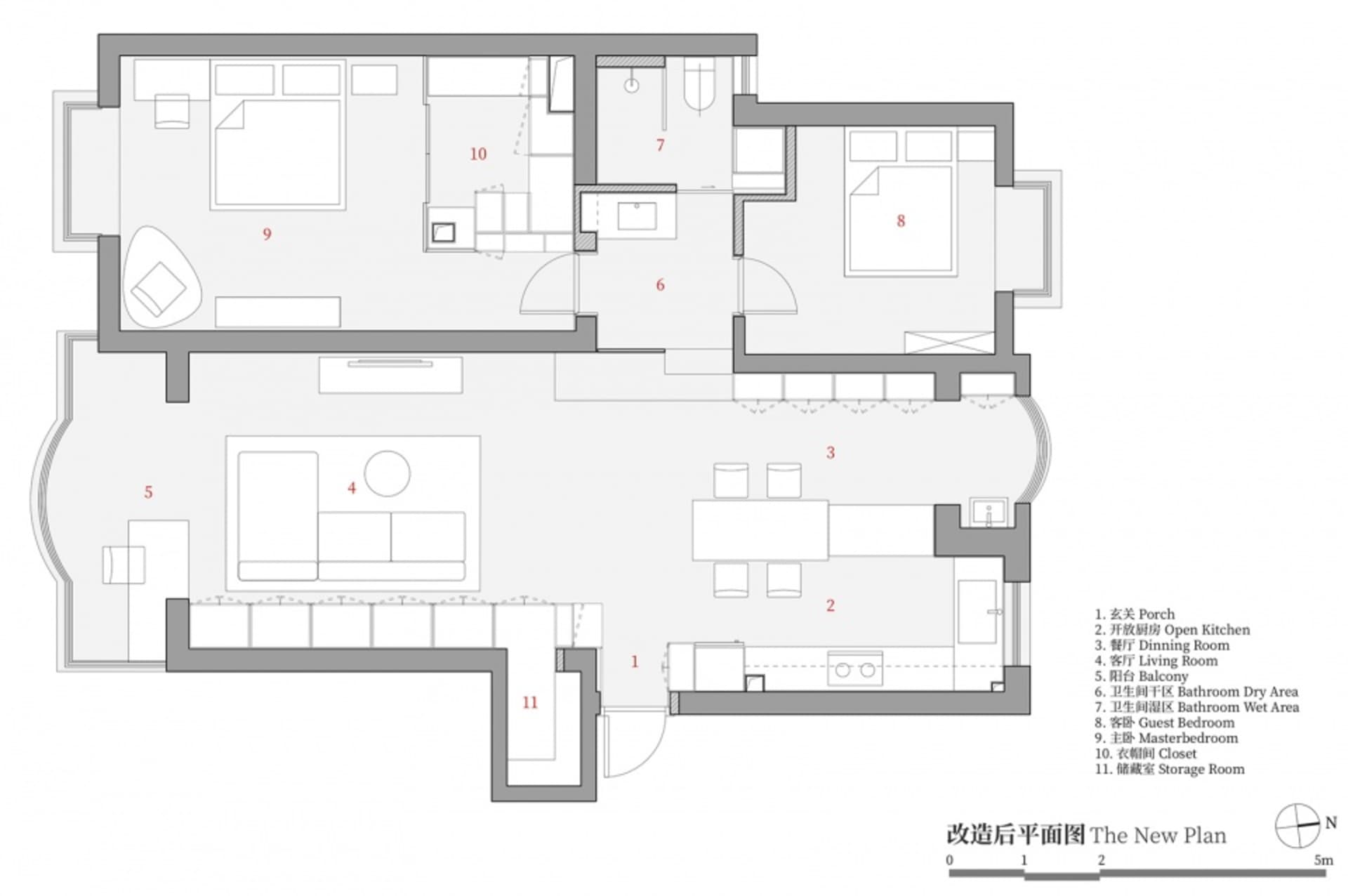 簡約風格的住宅平面圖，標示門廊、開放式廚房、餐廳、客廳與客臥