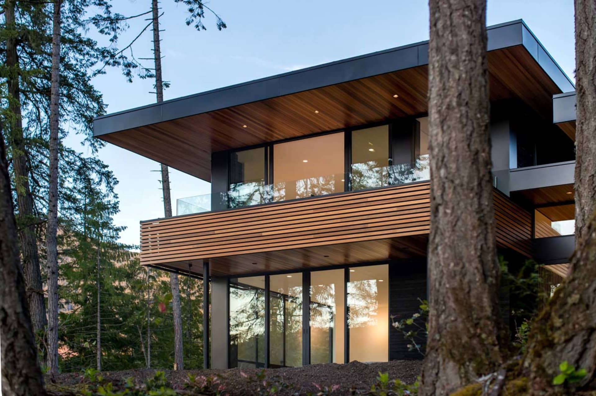 Modern house with wooden curved roof and glass balconies and siding