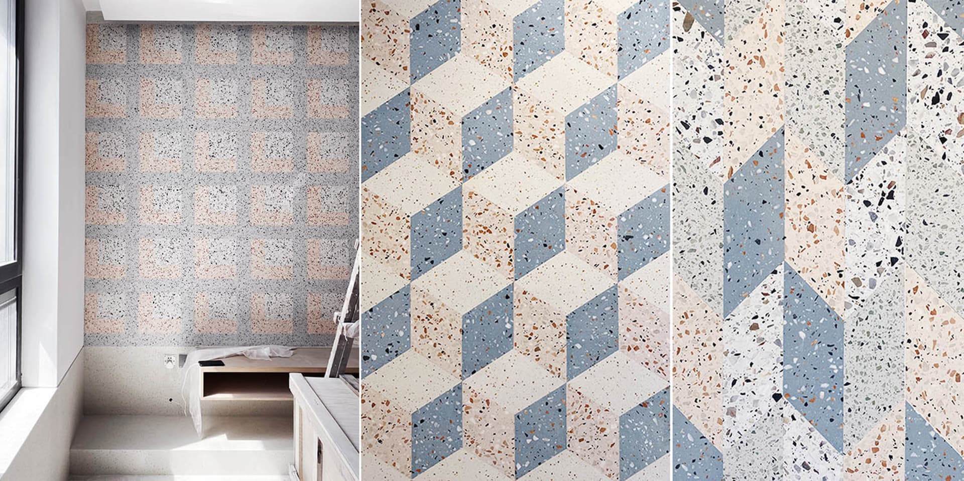 A modern interior space featuring terrazzo floor tiles arranged in a geometric pattern with a mix of colors and textures.
