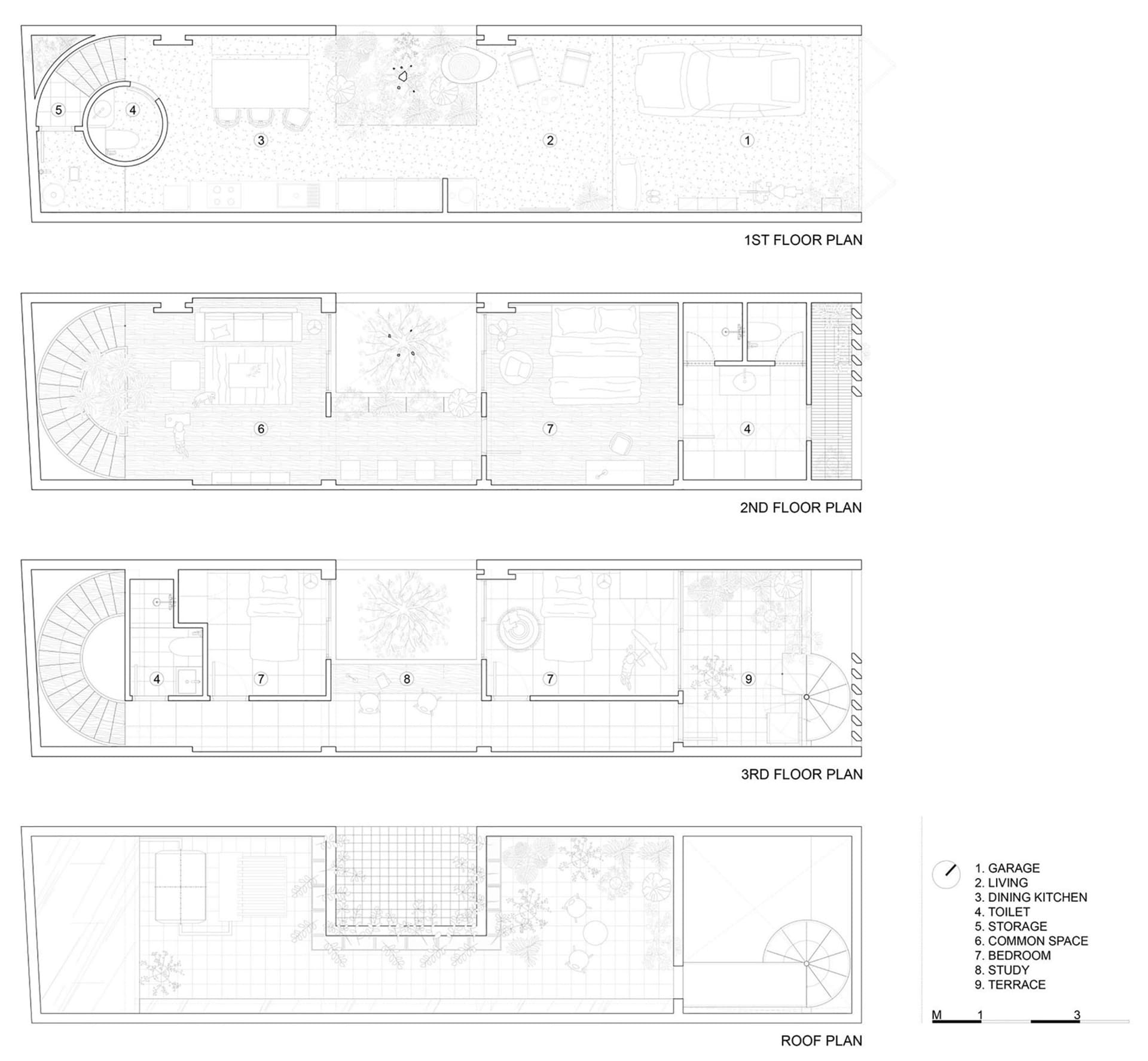 A detailed architectural floor plan of a modern interior design showcasing various rooms and spaces.