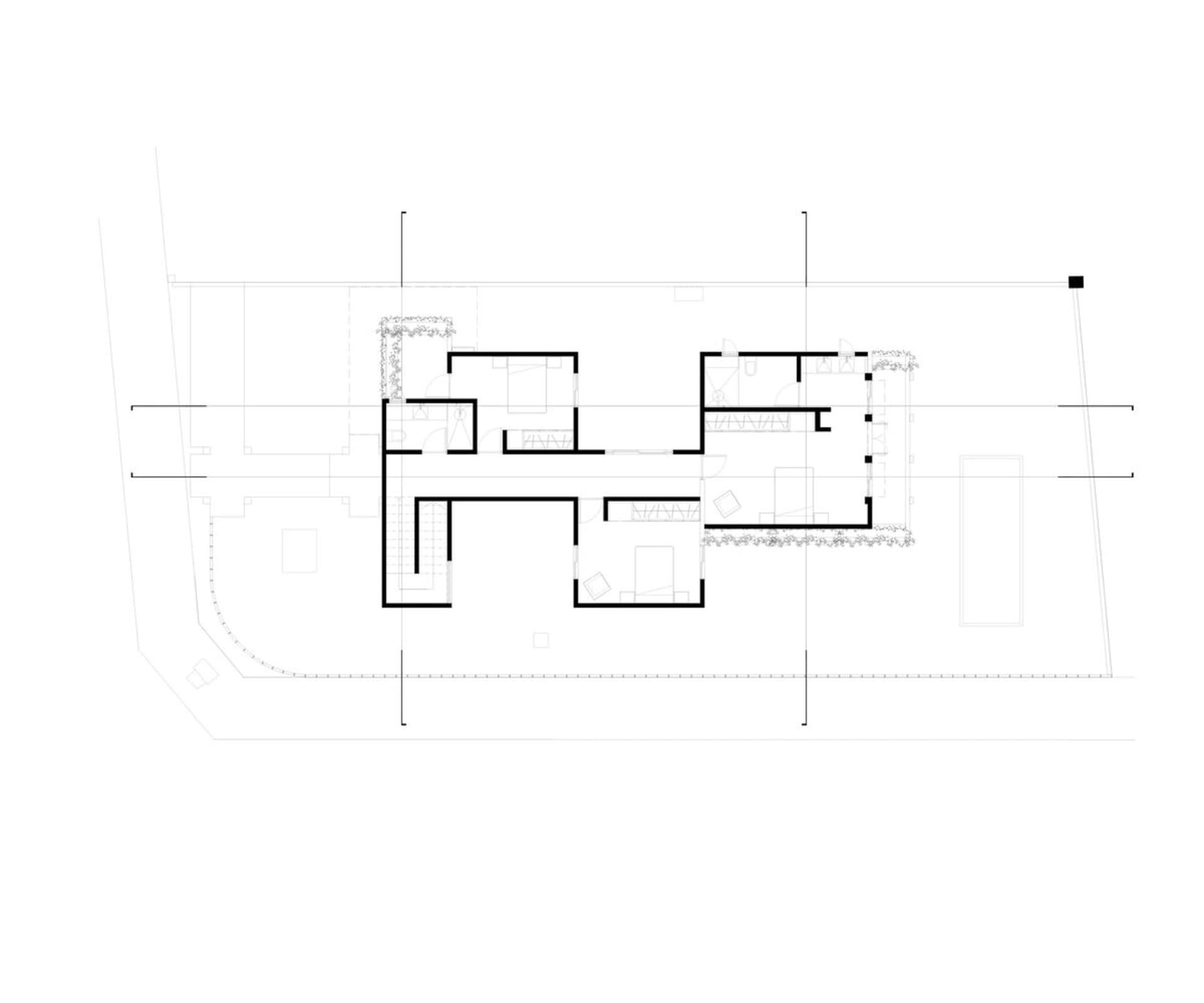 Floor plan of a modern residential building with concrete materials.