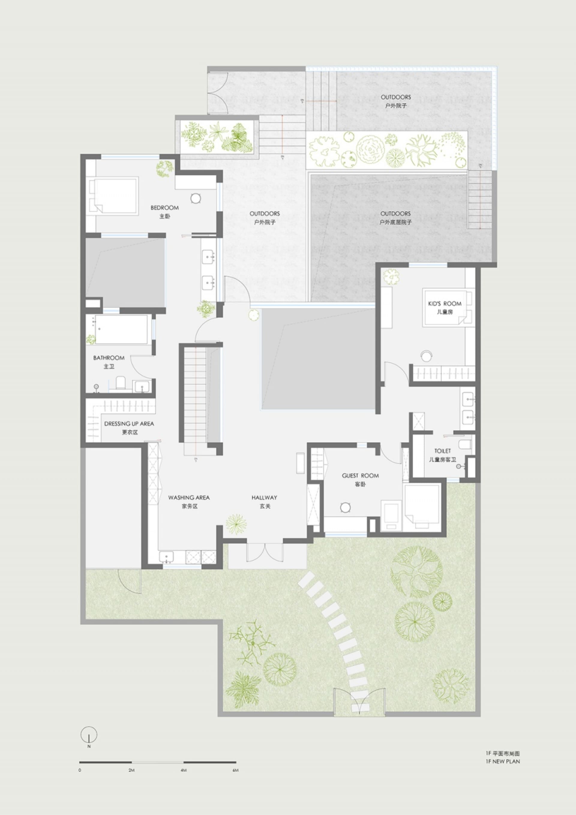Detailed architectural drawing of a minimalist residential floor plan featuring concrete, glass, and wood materials.