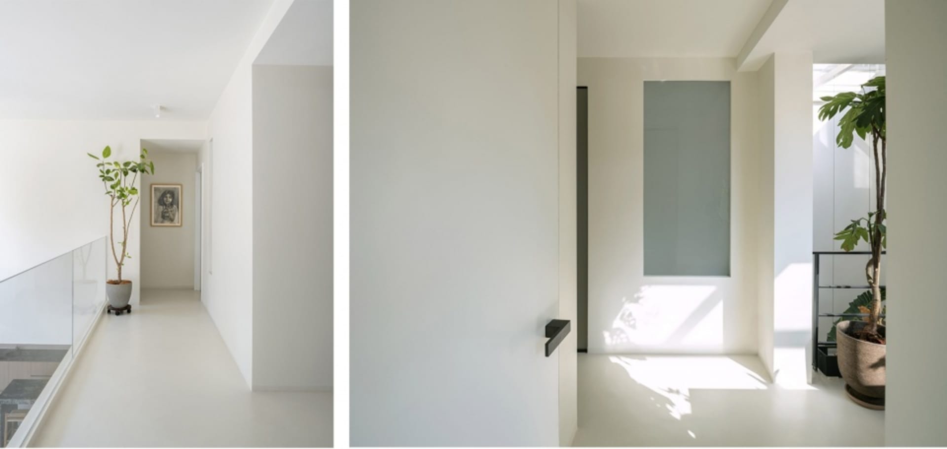 A minimalist interior space with white walls and concrete finishes.