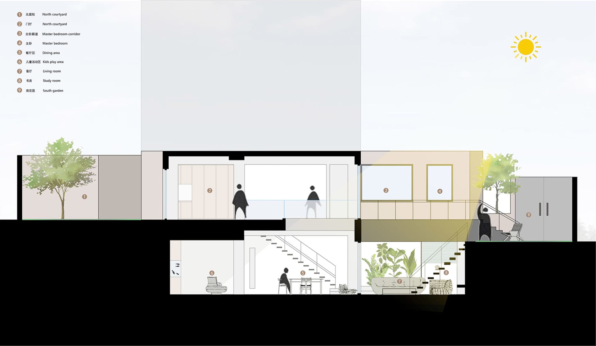 A detailed illustration of modern interior design with various functional spaces.