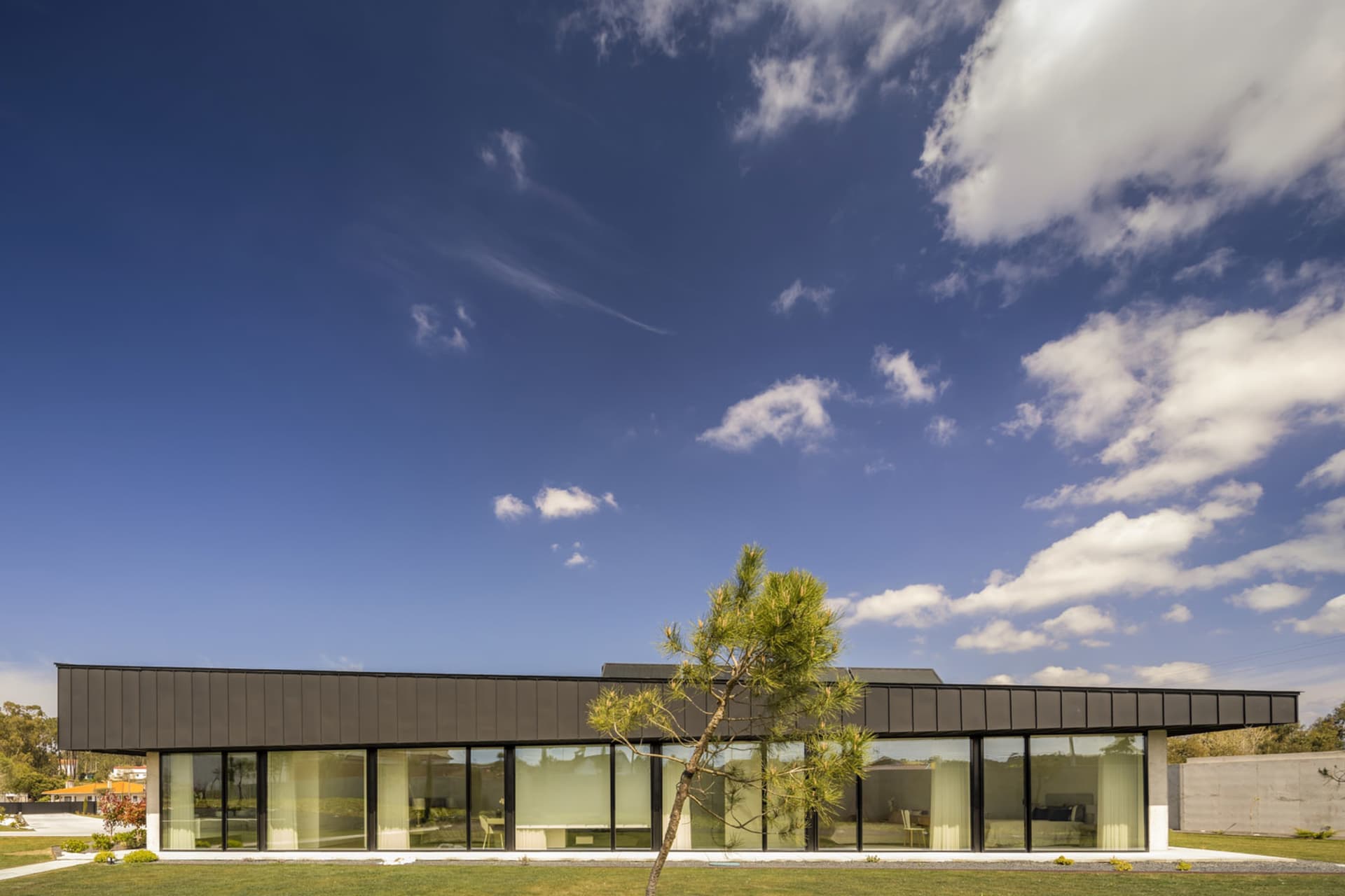 Modern residential exterior with black metal roof and glass windows, set against a clear blue sky with white clouds.