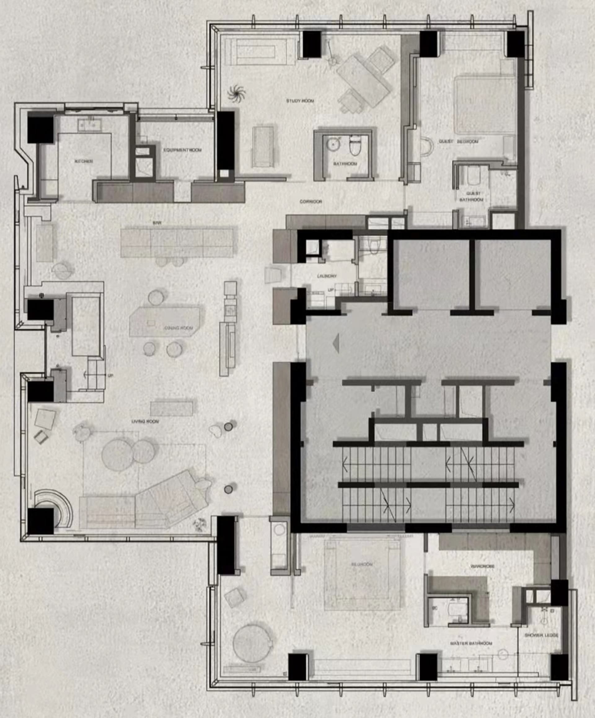 2D architectural drawing of a modern residential floor plan, including living room, dining room, kitchen, bedrooms, and bathr