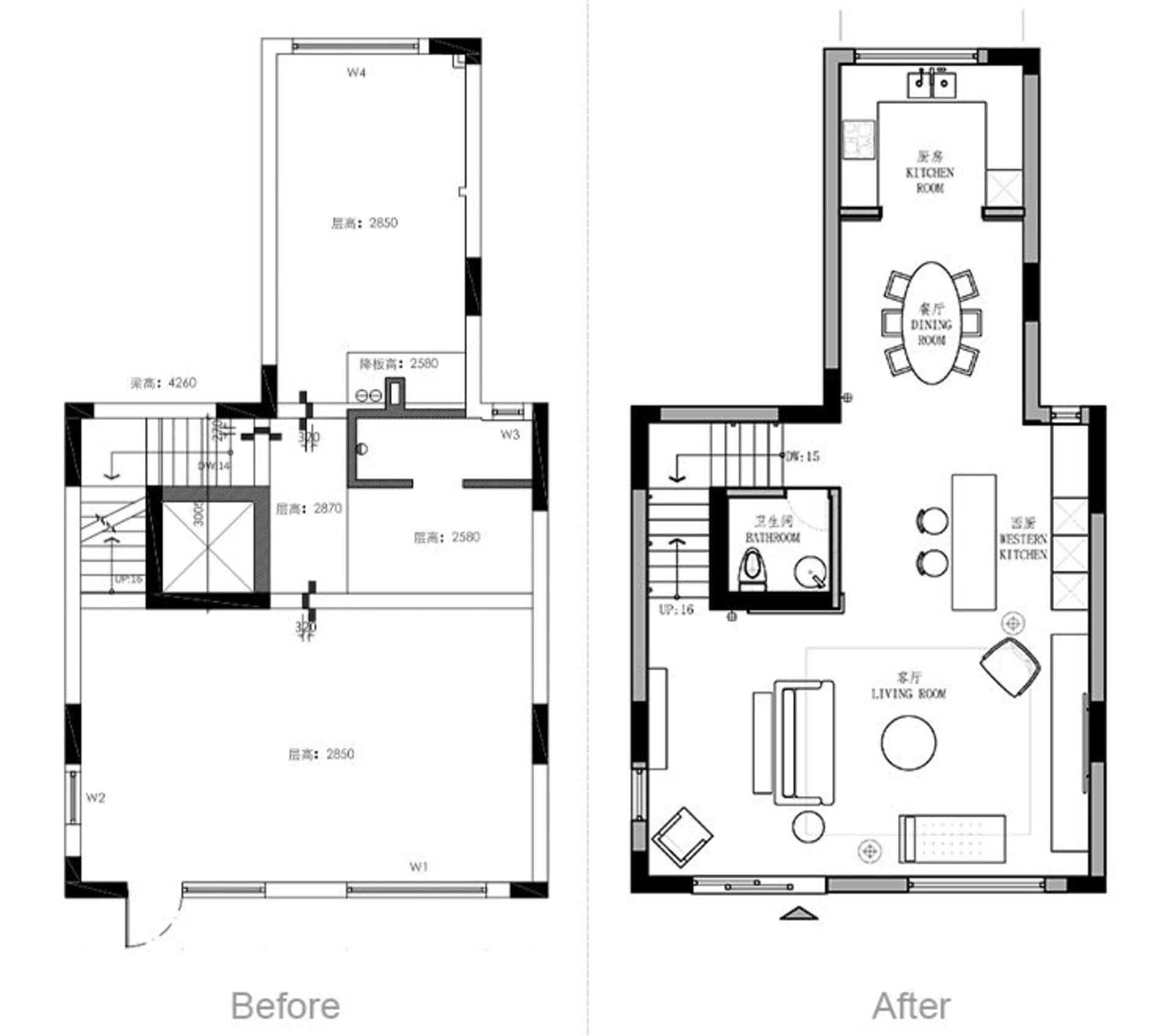 Before-and-after comparison of a two-story architectural floor plan