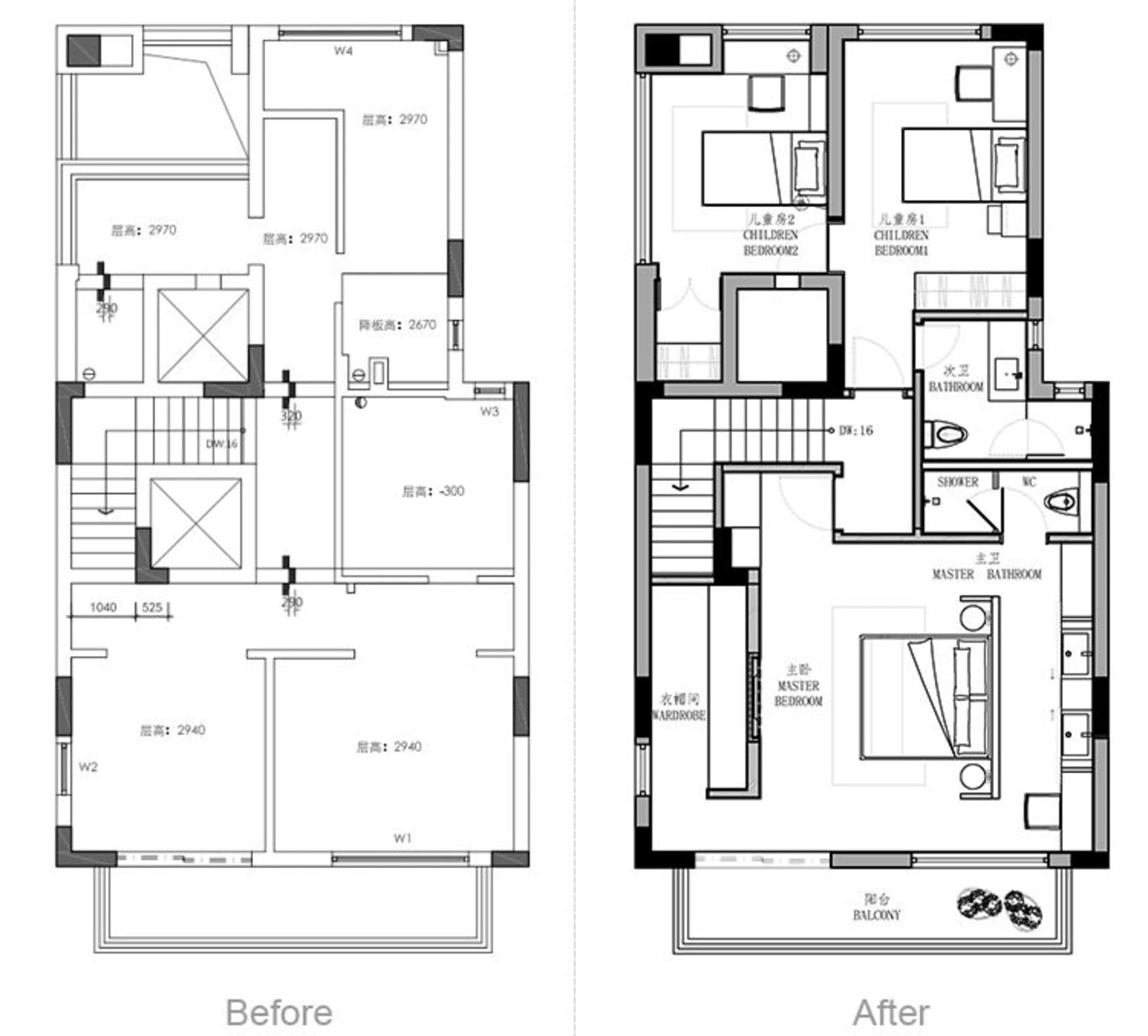 A detailed floor plan showcasing architectural design changes between two states.
