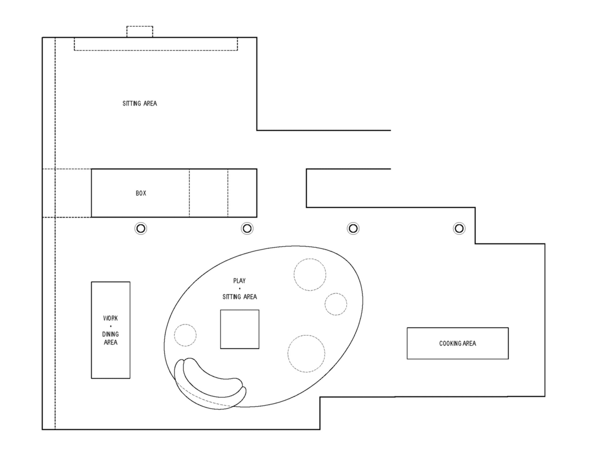 Floor plan of a modern living room with distinct zones for sitting, play, cooking, and dining.