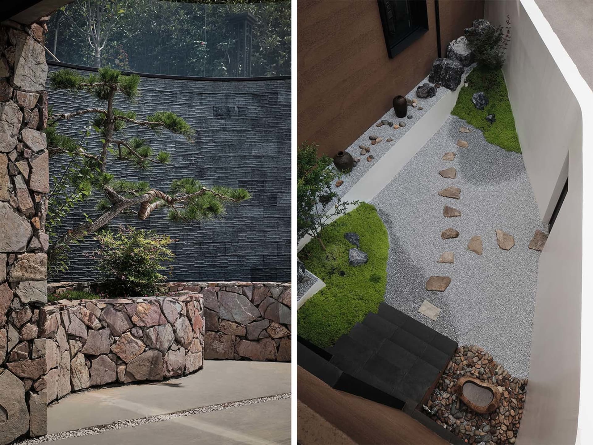 現代花園，設有石板步道、植物與岩石牆。