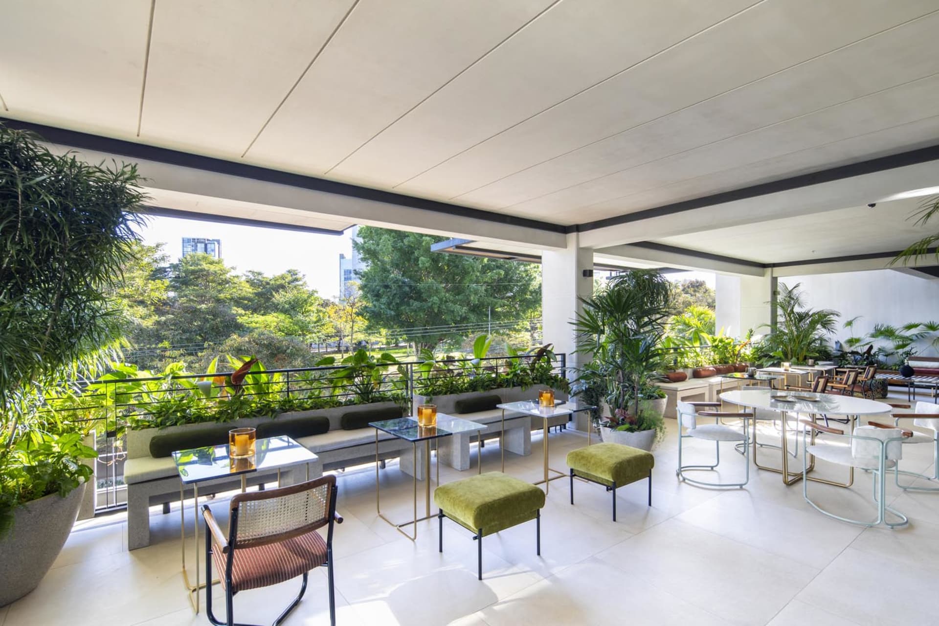 Modern patio with concrete surfaces and lush green plants
