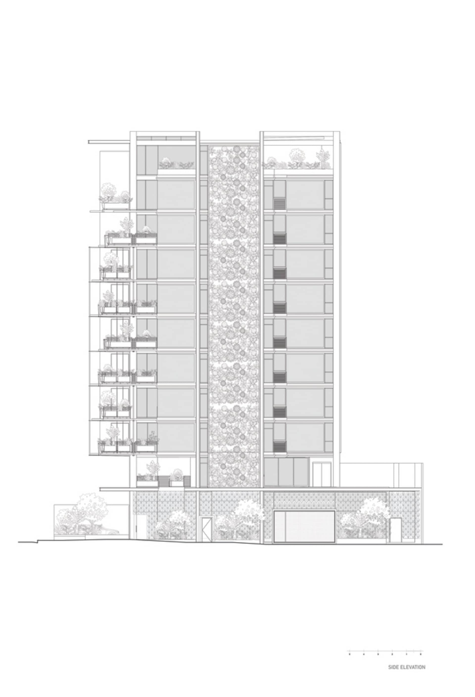 Cross-sectional architectural drawing of a modern high-rise building with glass facade and balconies.