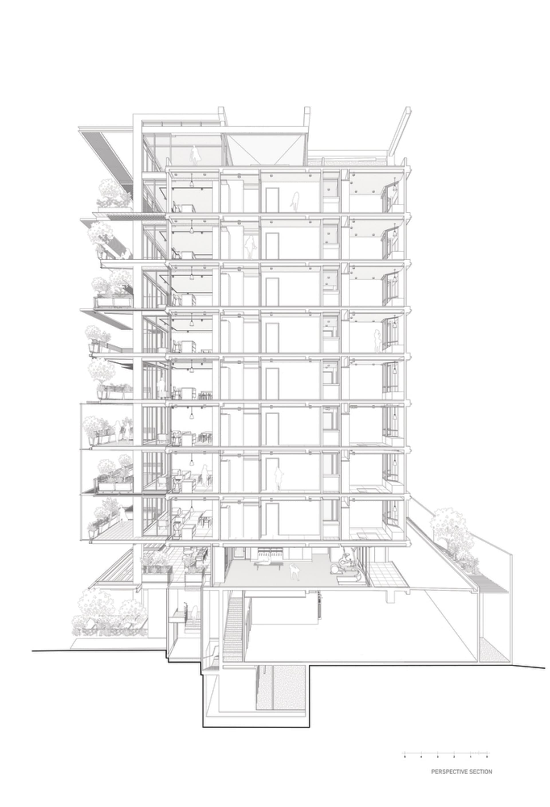 A detailed cross-sectional view of a multi-story residential apartment building.