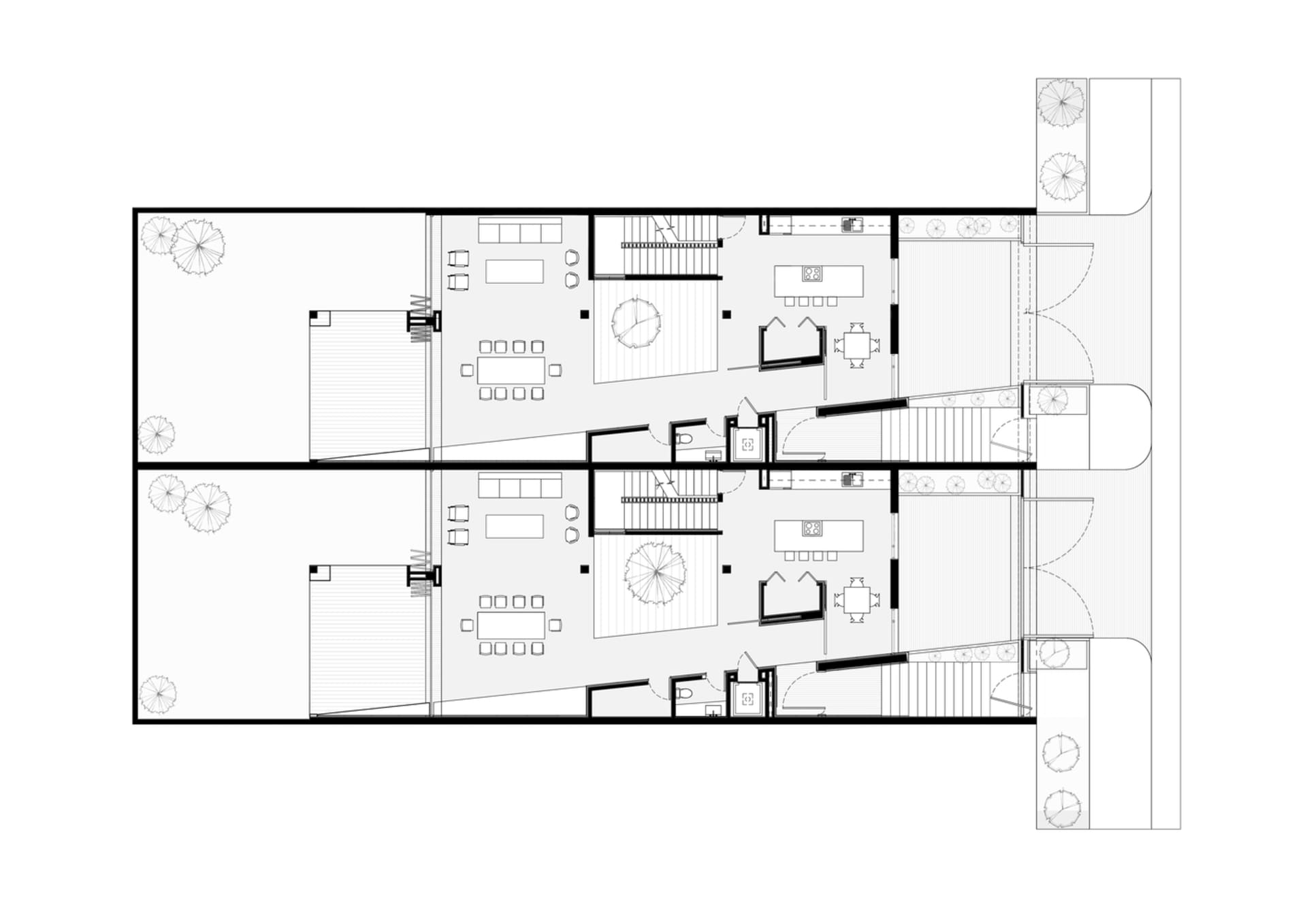 Modern townhouse layout with multiple rooms and outdoor spaces.