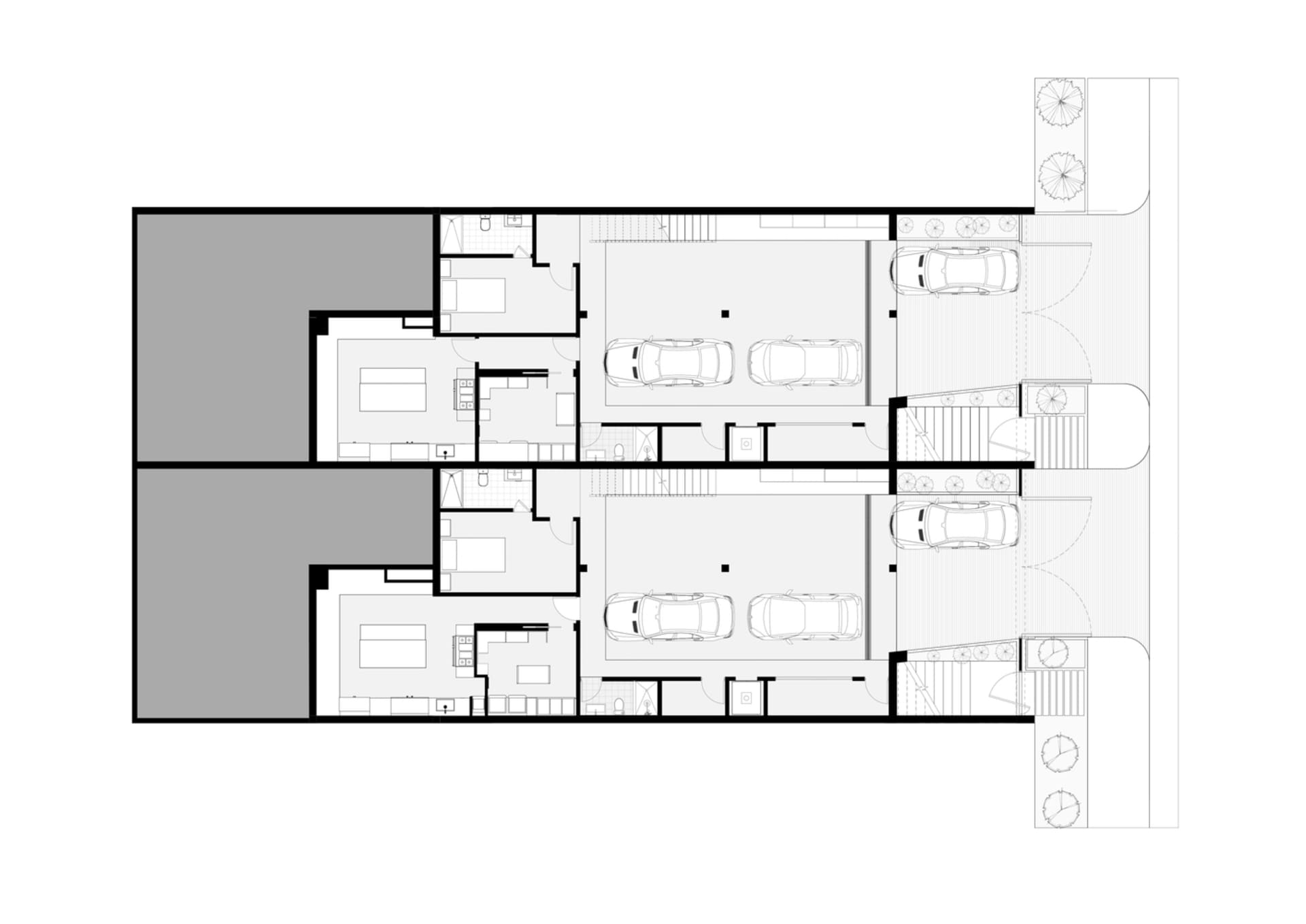 Detailed 2D architectural drawing of a townhouse's ground and first floor layouts, featuring multiple rooms, parking spaces,