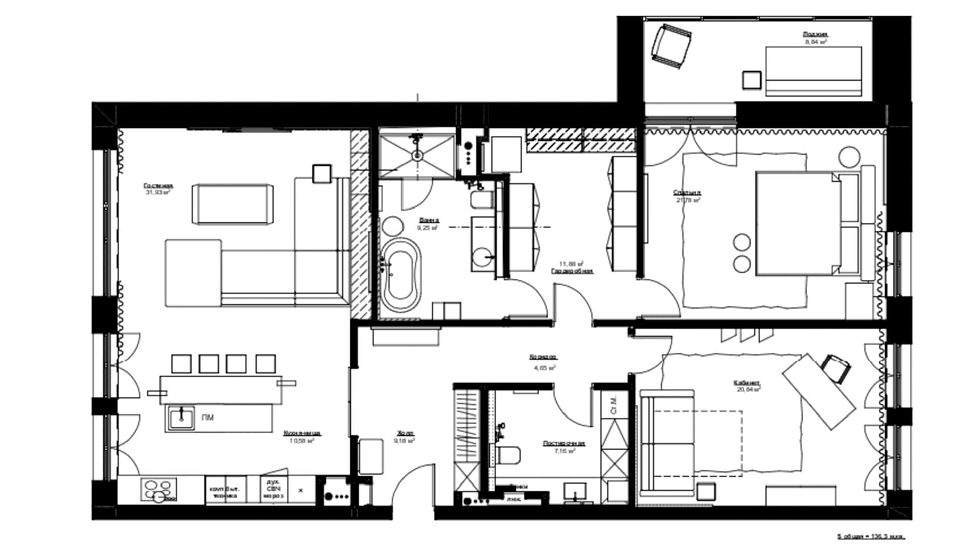 Detailed technical drawing of a modern residential kitchen.