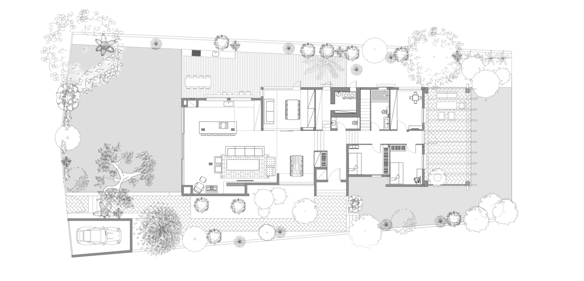A modern house floor plan showing the layout of a residential home with detailed rooms and outdoor space.