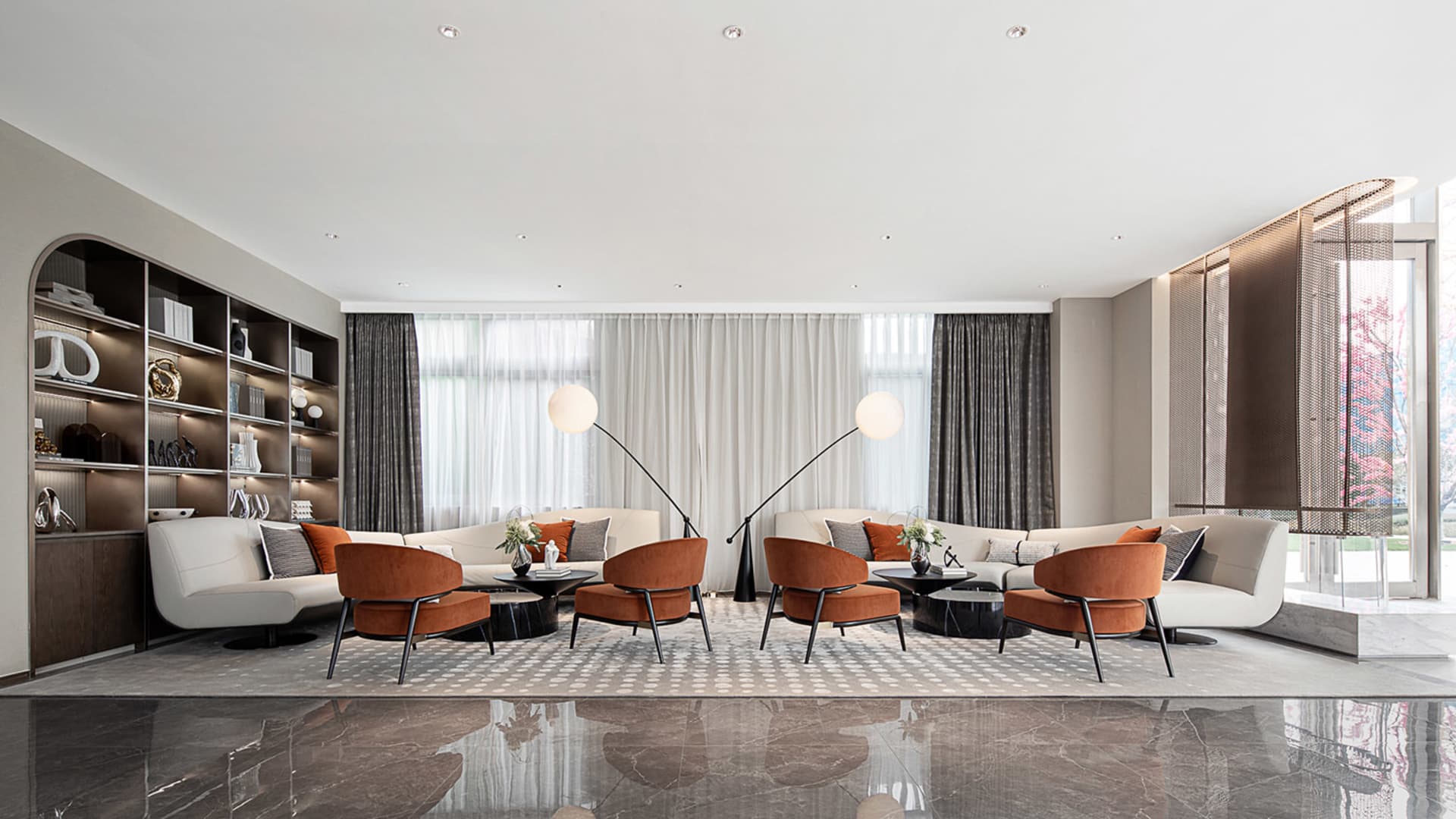 Modern living room with contemporary furniture and large windows featuring a stylish interior design.