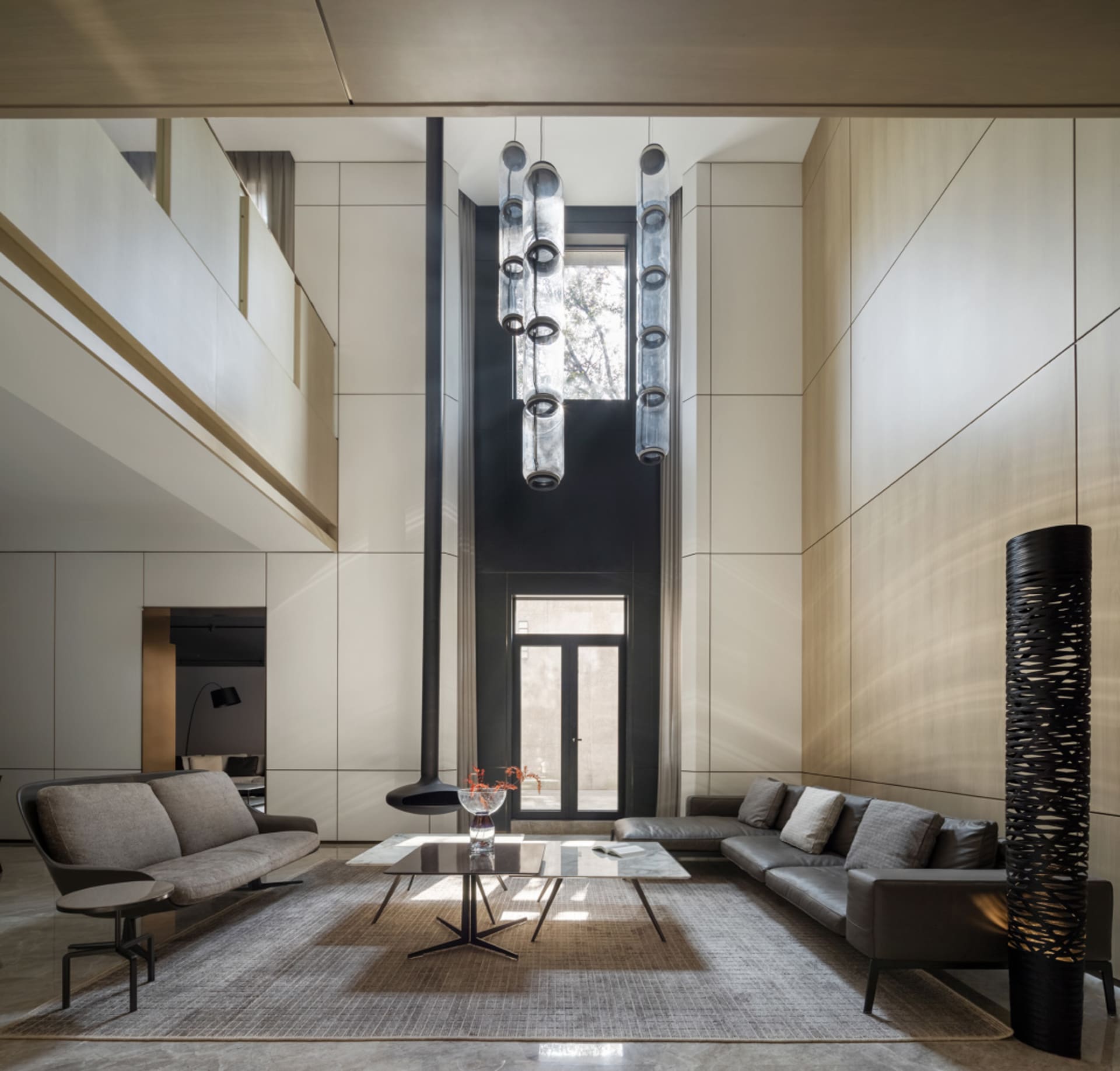 A modern living room featuring metal and wooden elements.