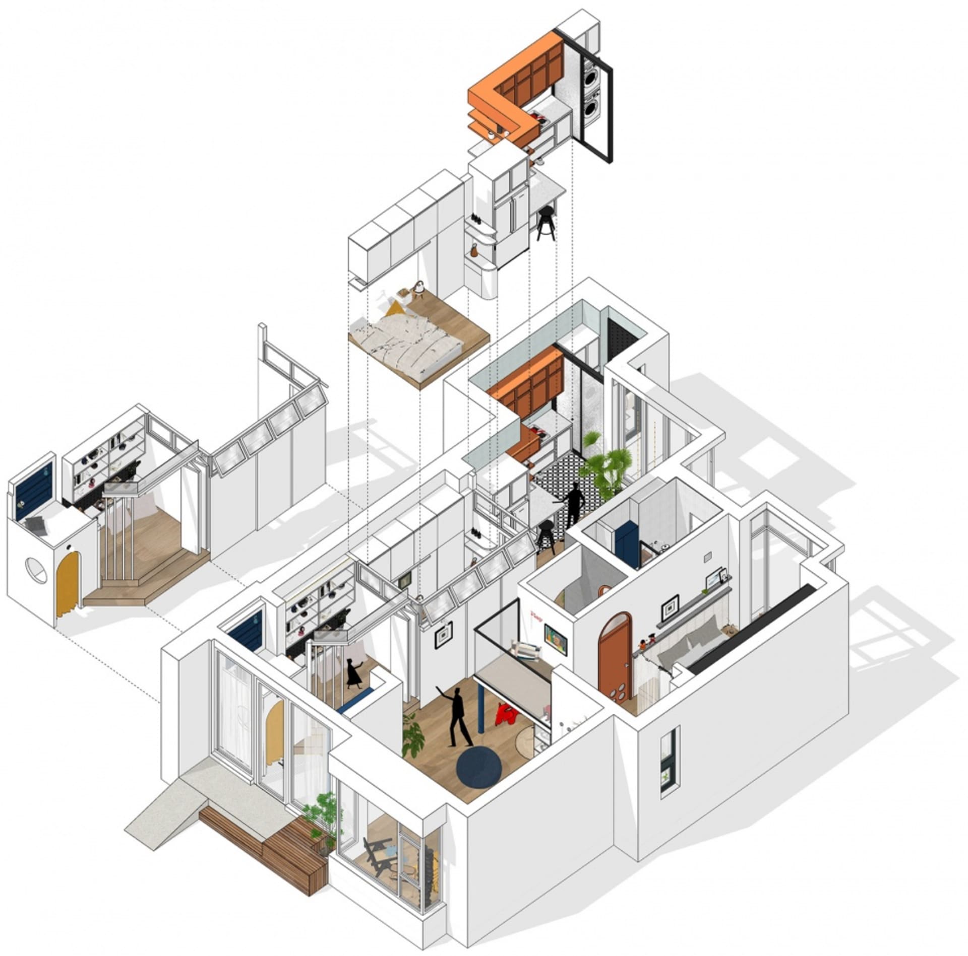 An isometric view of a modern living space with concrete, wood, and glass materials.