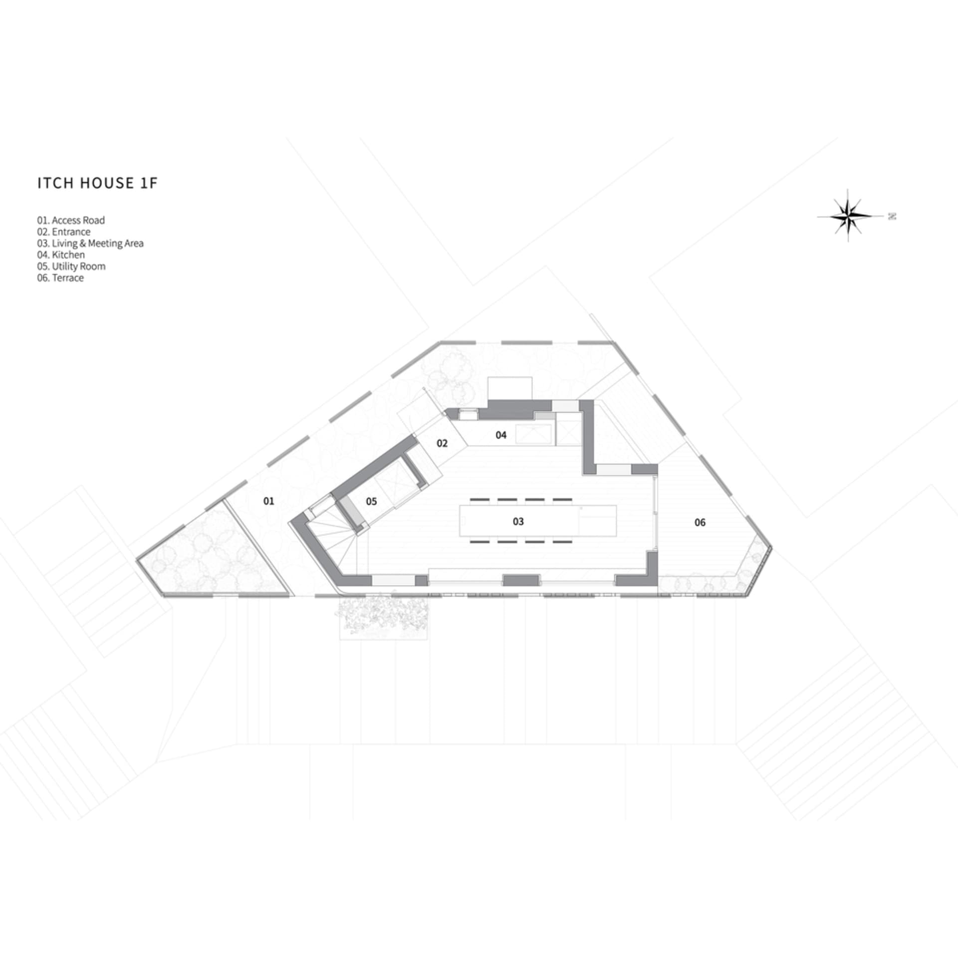 Floor plan of a modern house with living, kitchen, utility, and outdoor areas.