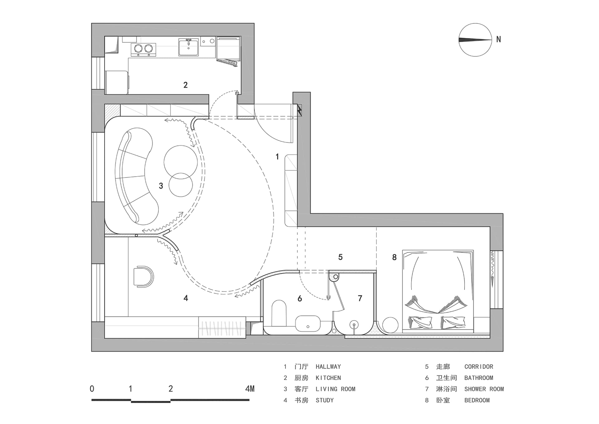 A minimalist living room with modern furniture and open layout.