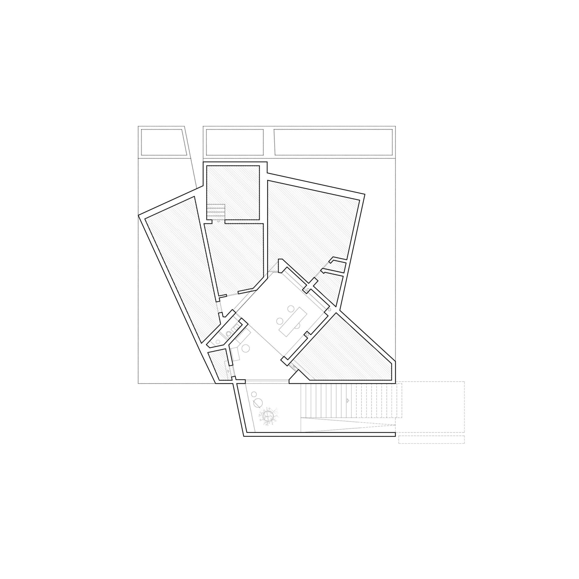 A black and white architectural floor plan showing the layout of a modern interior design