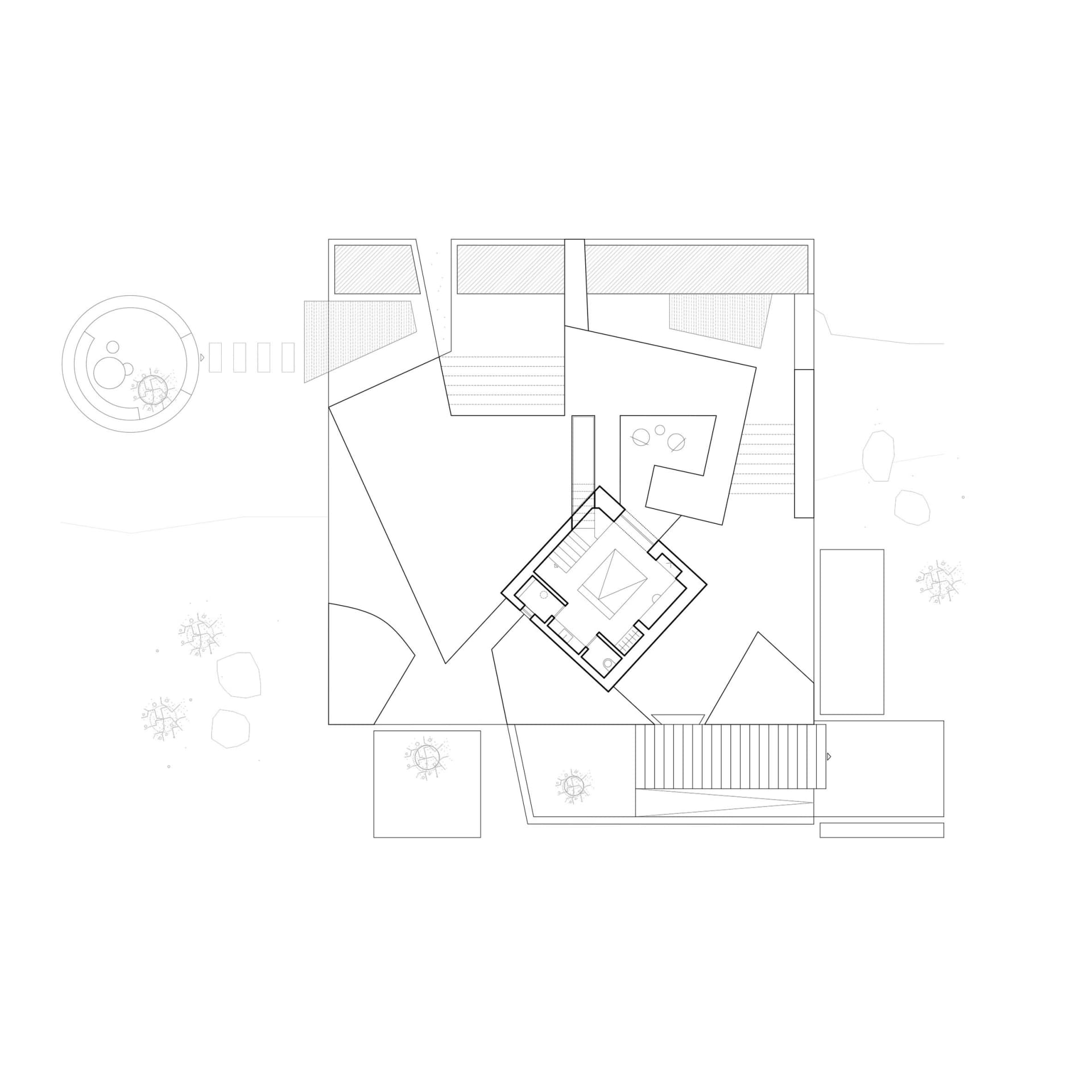 現代建築平面圖無色彩填滿,呈現住宅配置與空間構成。