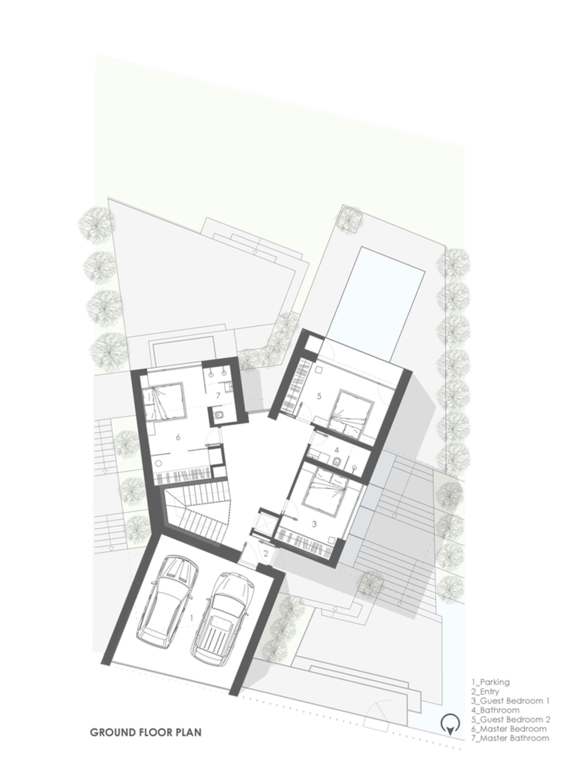 Modern house ground plan with concrete and minimalist design features.