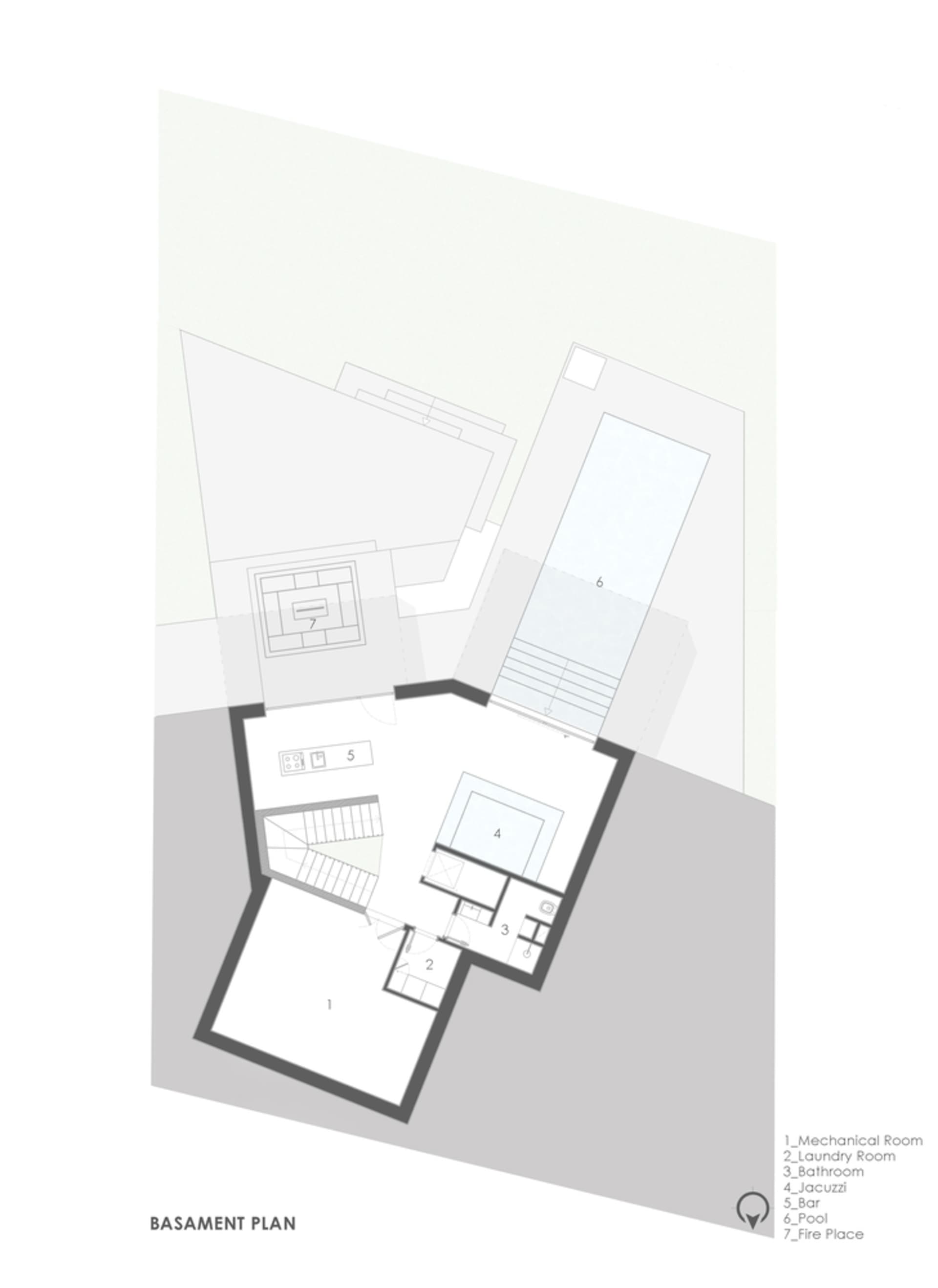 2D architectural drawing of a modern house's underground structure, featuring a mechanical room, laundry room, bathroom, jacu