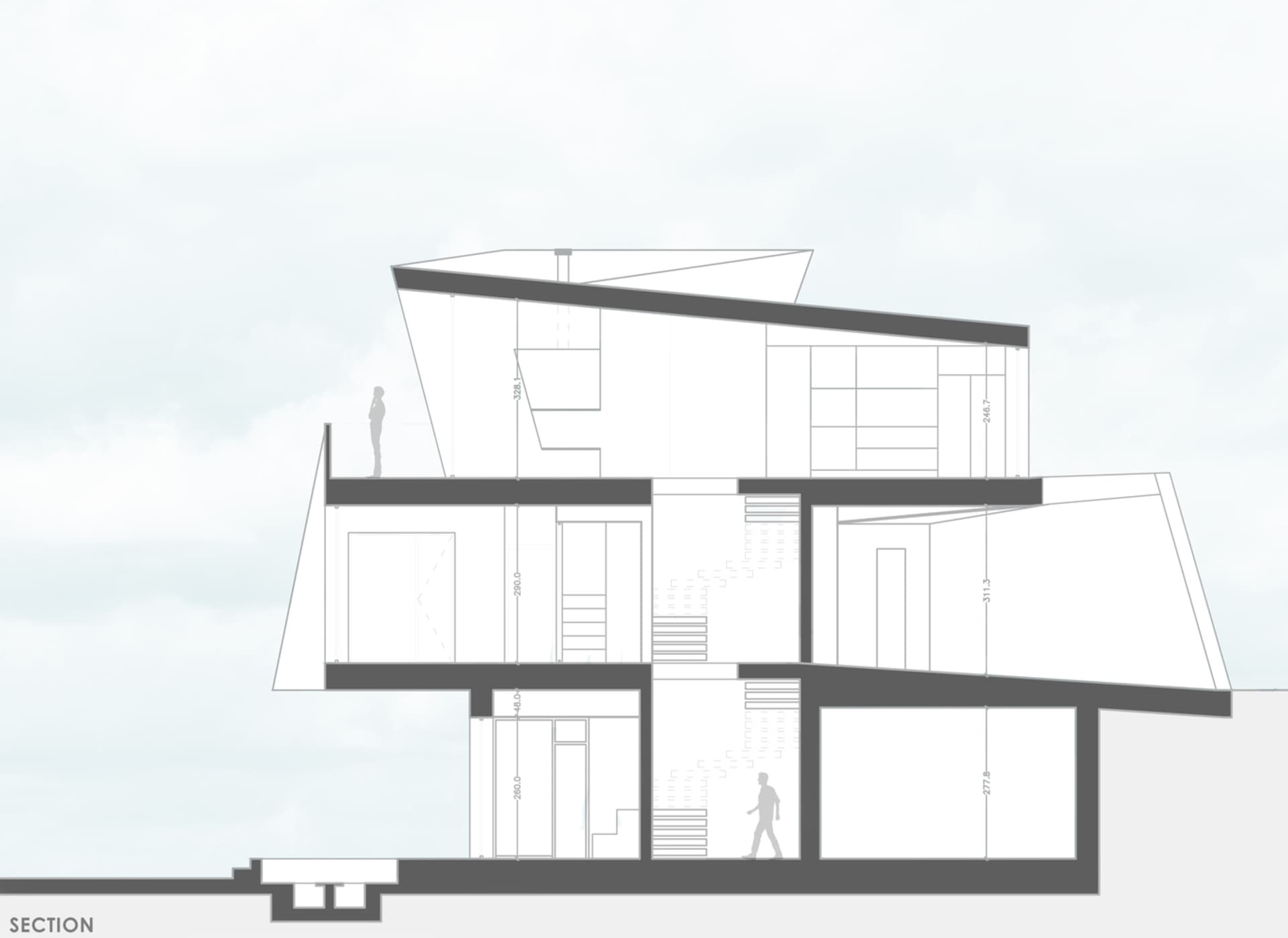 Cross-section drawing of a modern residential house featuring glass walls and steel beams.