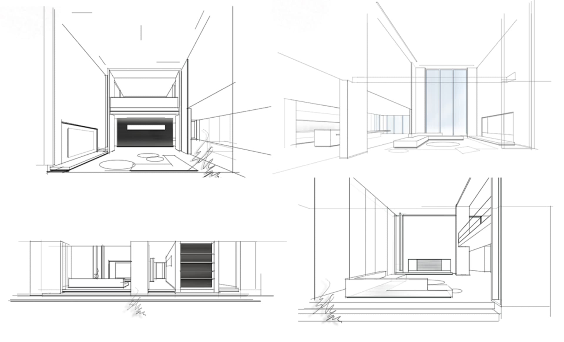 Line drawings of a modern interior design focusing on lighting elements.