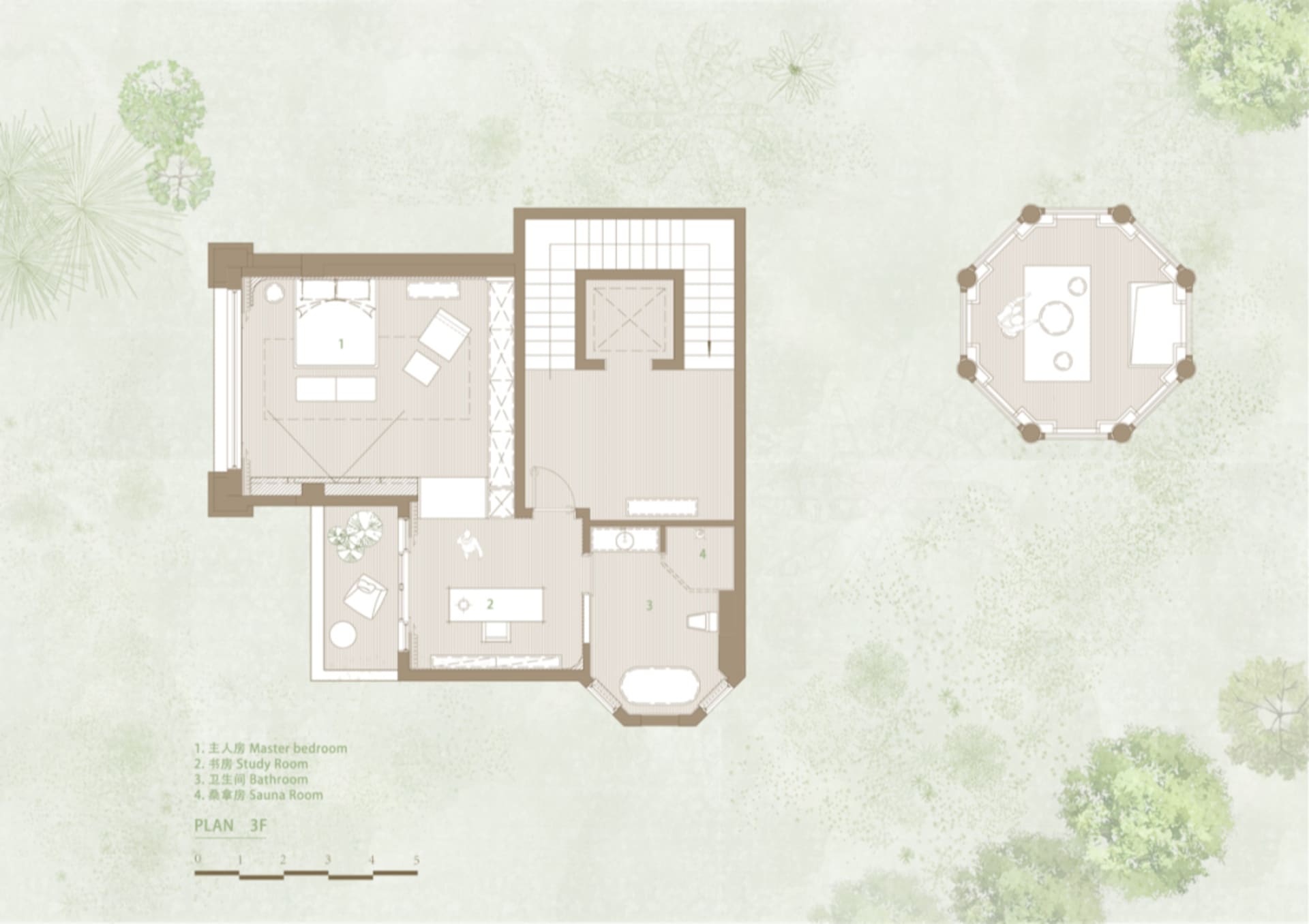A minimalist floor plan rendered in 3D, depicting a residential layout with modern design elements.
