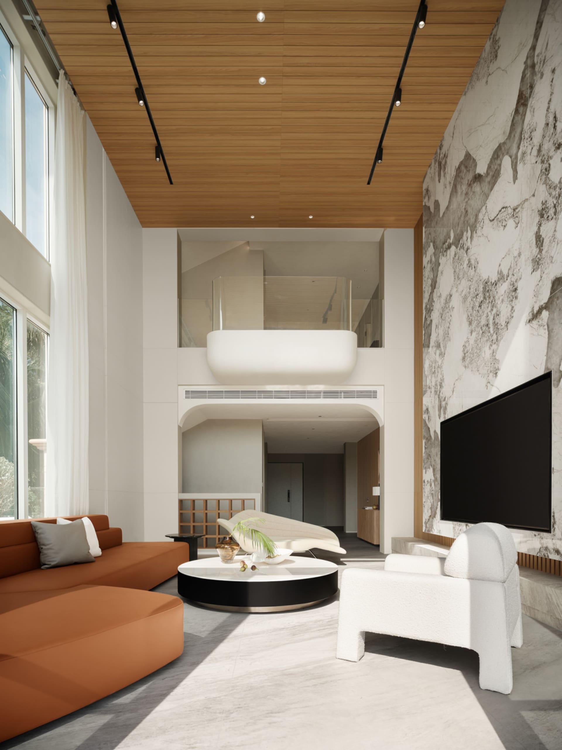 A contemporary living room featuring marble, concrete, and wooden elements.