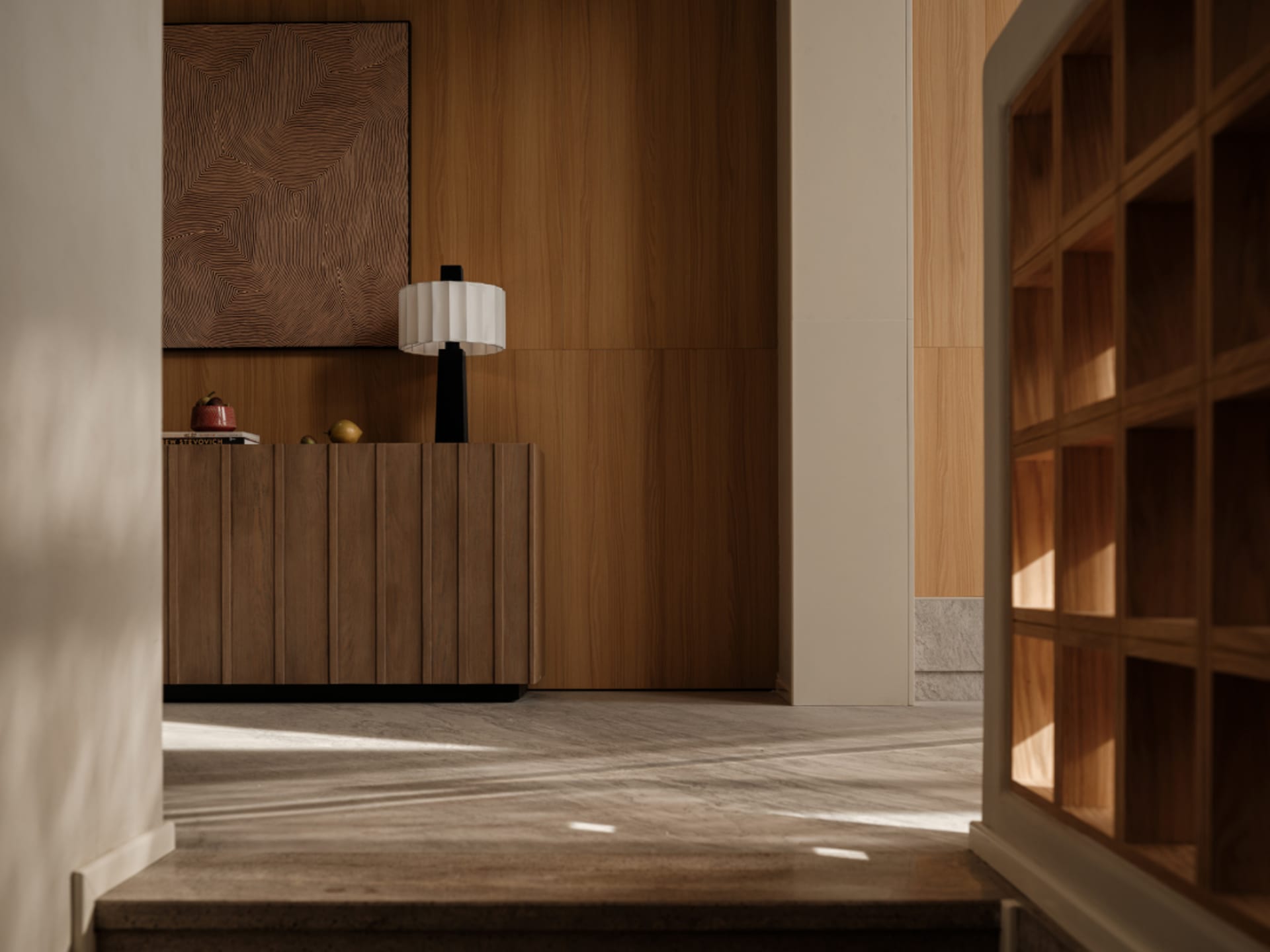 A modern interior with wooden furniture and a lamp, featuring a decorative wall panel.