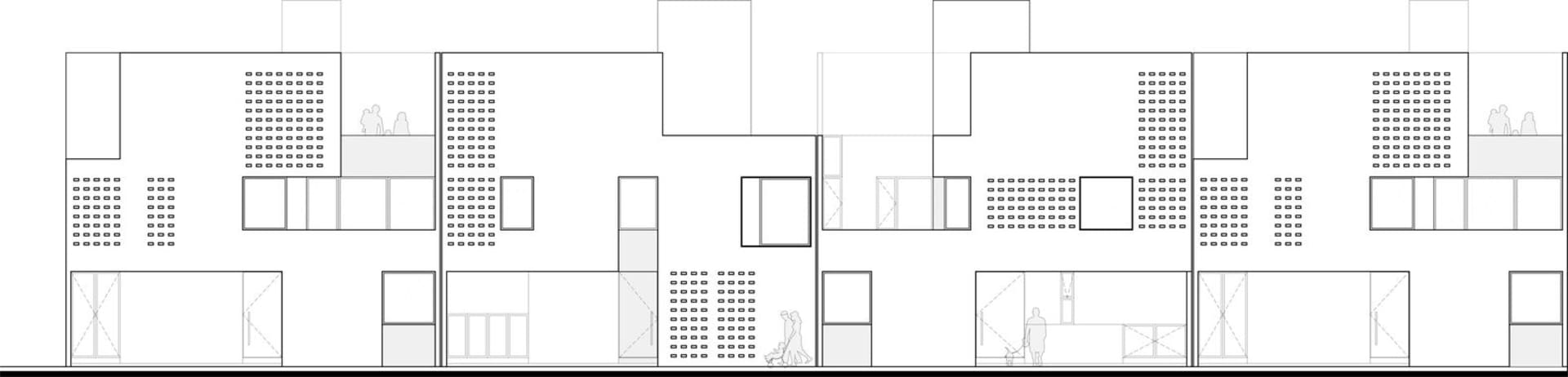 An architectural floor plan of a modern residential apartment block with a focus on the use of concrete materials and contemp