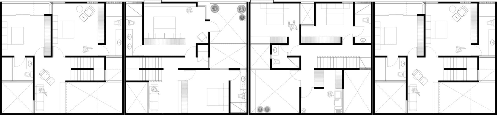 Multi-family apartment building layout with multiple residential units